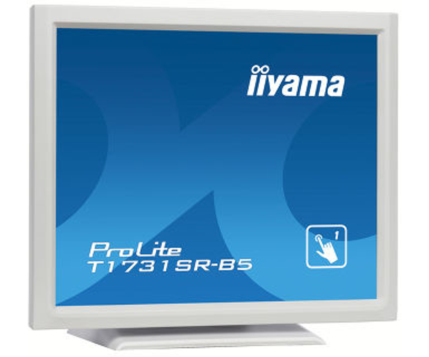 Un monitor Iiyama blanco que muestra una pantalla azul con el logotipo de Iiyama y un icono táctil.
