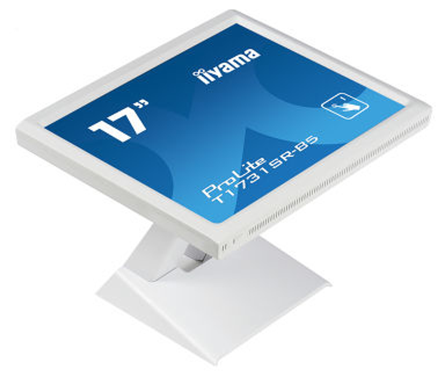 Un monitor de computadora blanco sobre un soporte blanco. La pantalla dice '17", iiyama, ProLite T1731SR-BS'.