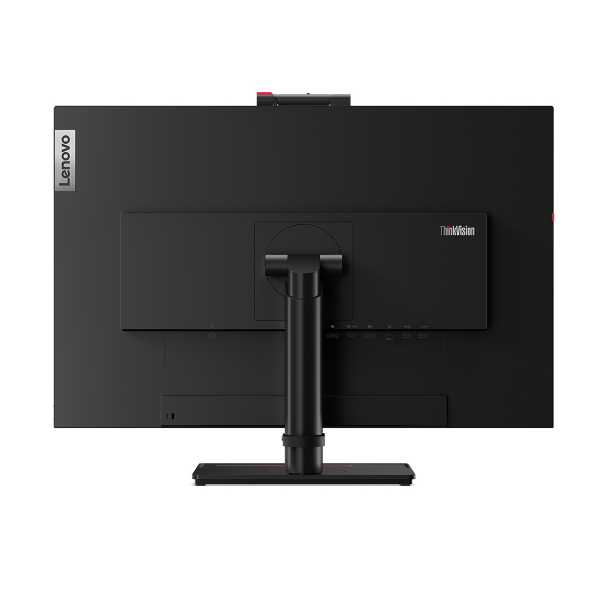Il retro di un monitor Lenovo nero con marchio ThinkVision e supporto.
