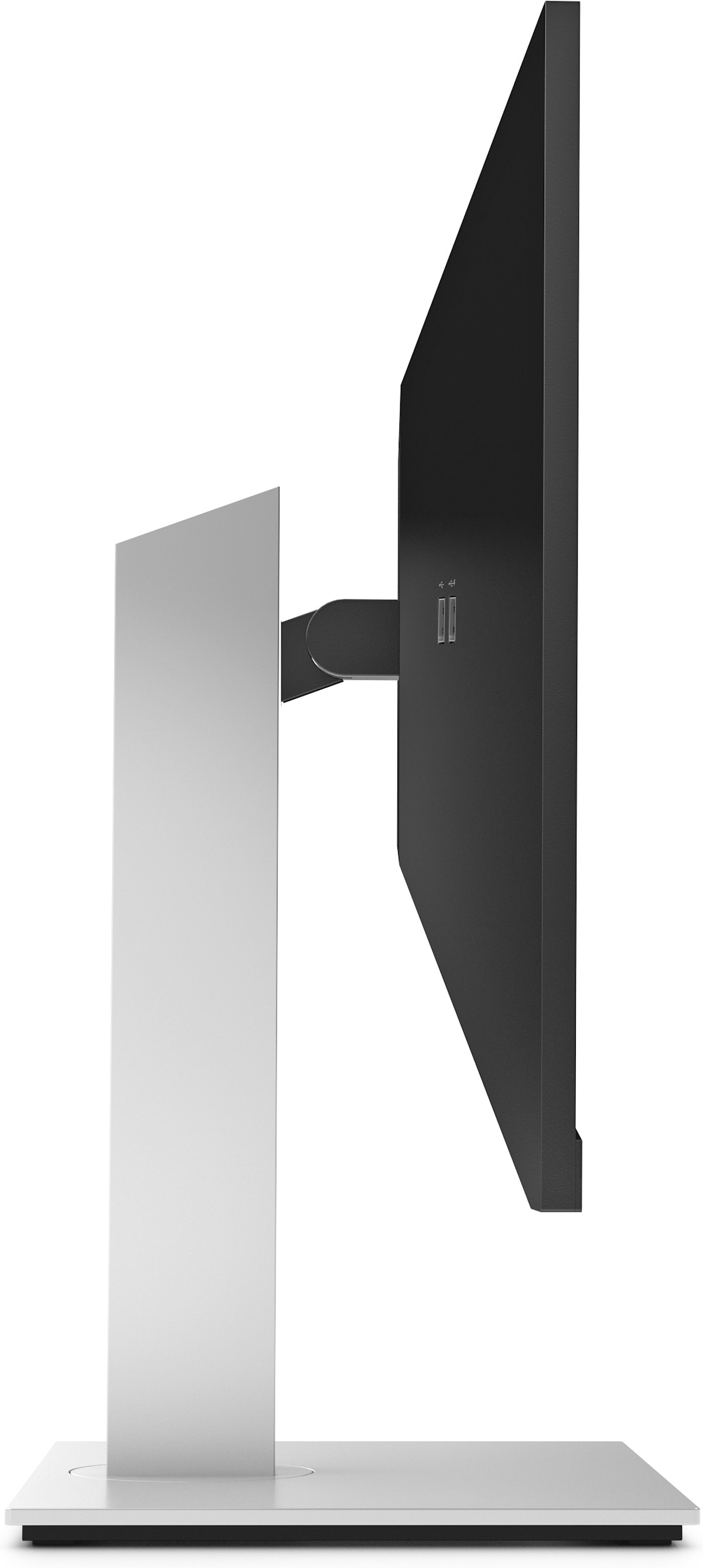 Vista laterale di un monitor per computer argentato e nero con supporto bianco. Il monitor è su sfondo bianco.