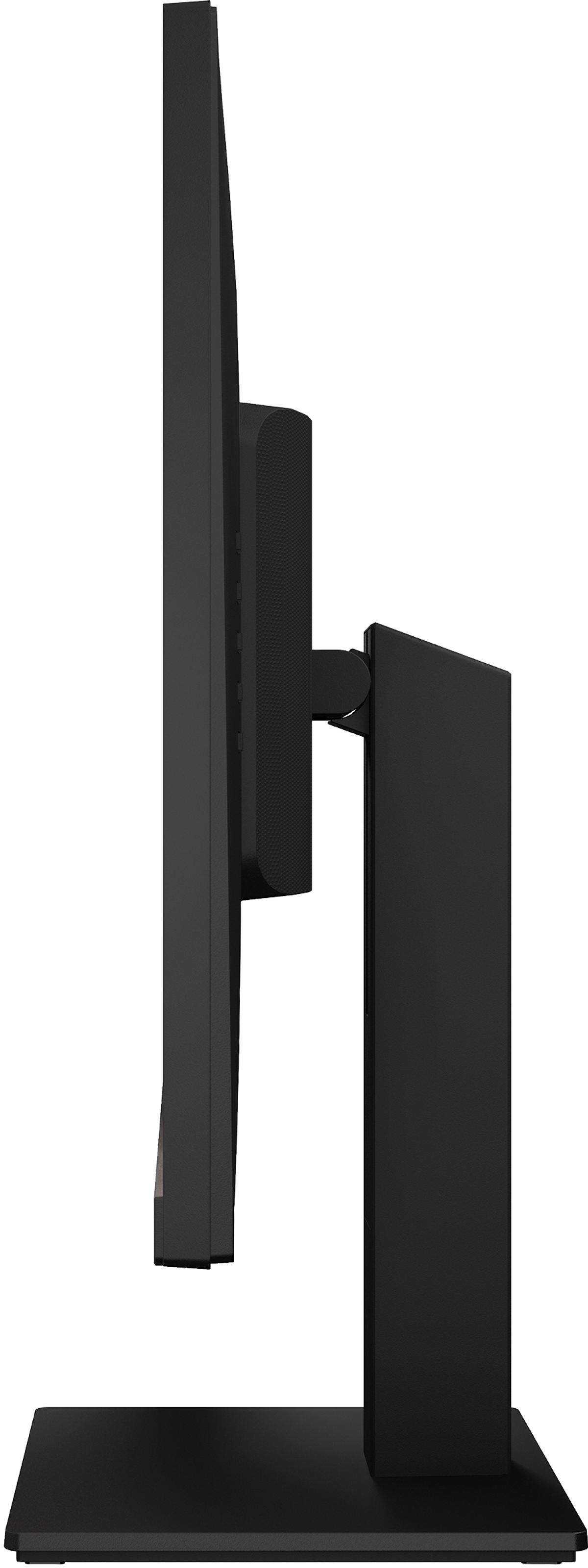 Monitor nero, vista laterale. Una base nera e un supporto nero.
