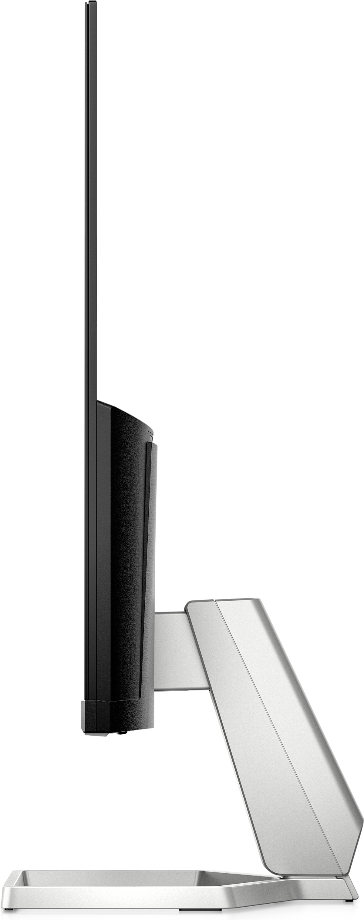 Vista laterale di un monitor per computer nero e argento. Il monitor è su sfondo bianco.