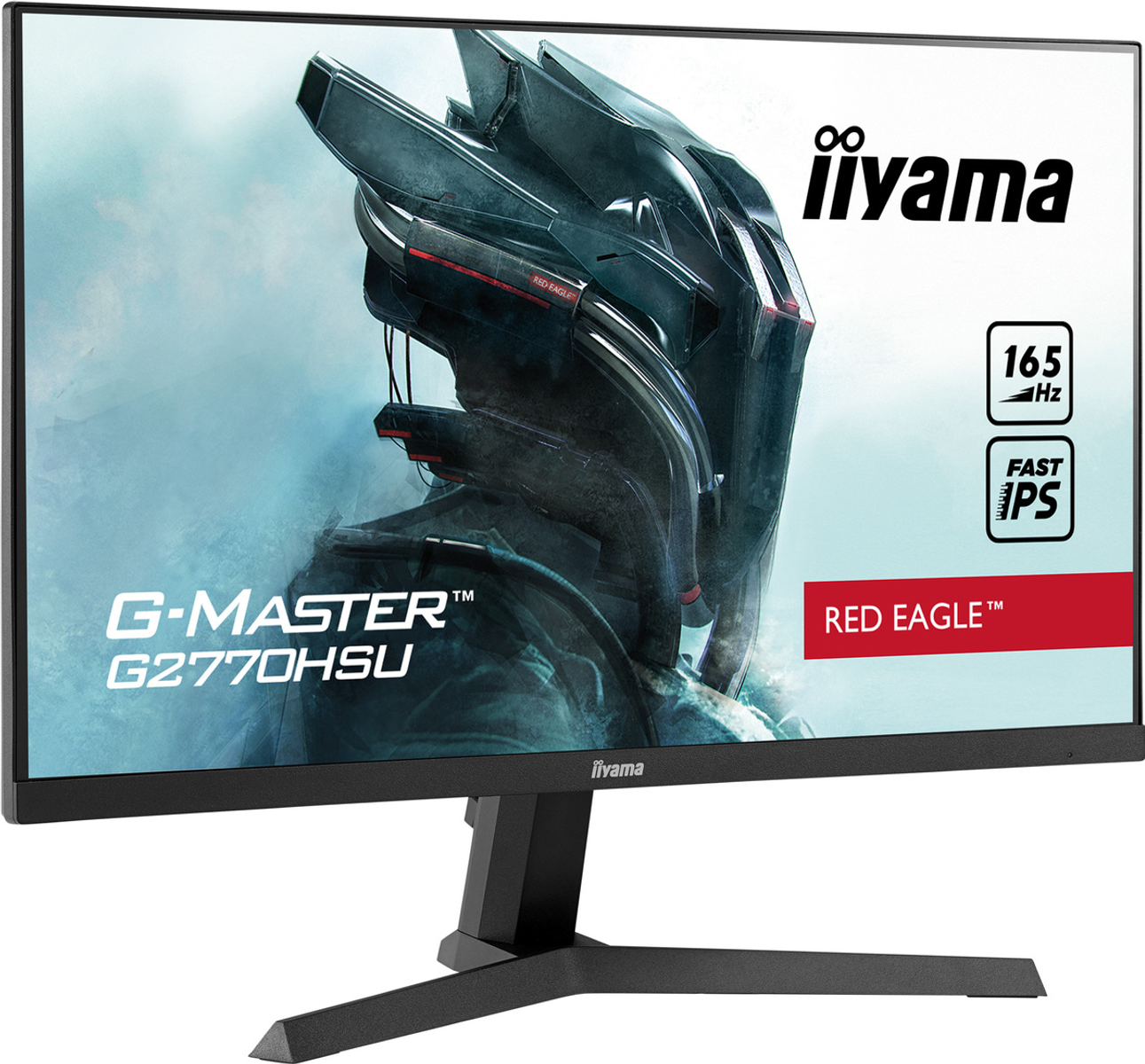 Gaming-Monitor, schwarz mit roten Akzenten, zeigt eine Grafik.