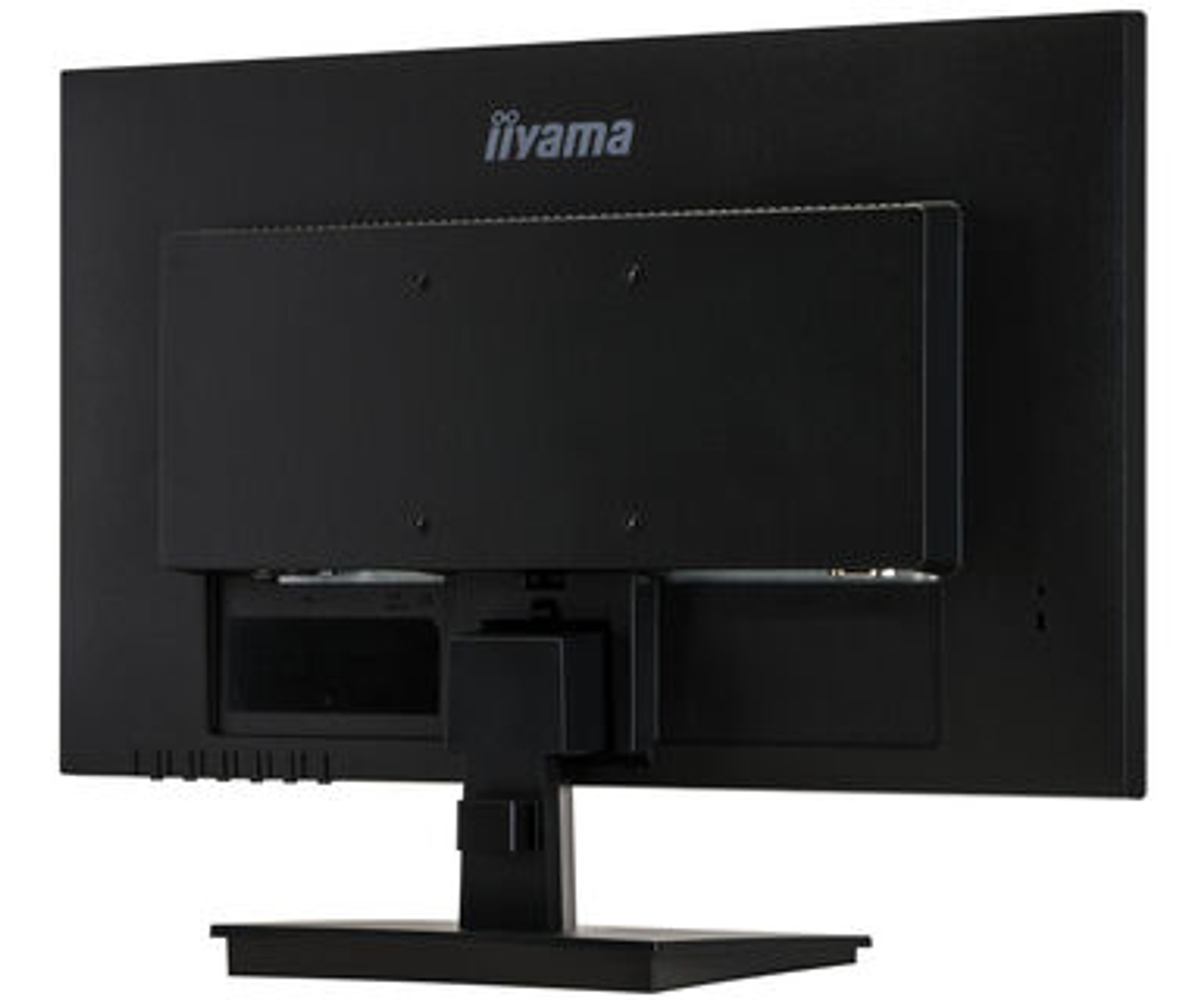 Parte trasera de un monitor negro con soporte. El logotipo de iiyama está en la parte superior. Varios puertos son visibles.