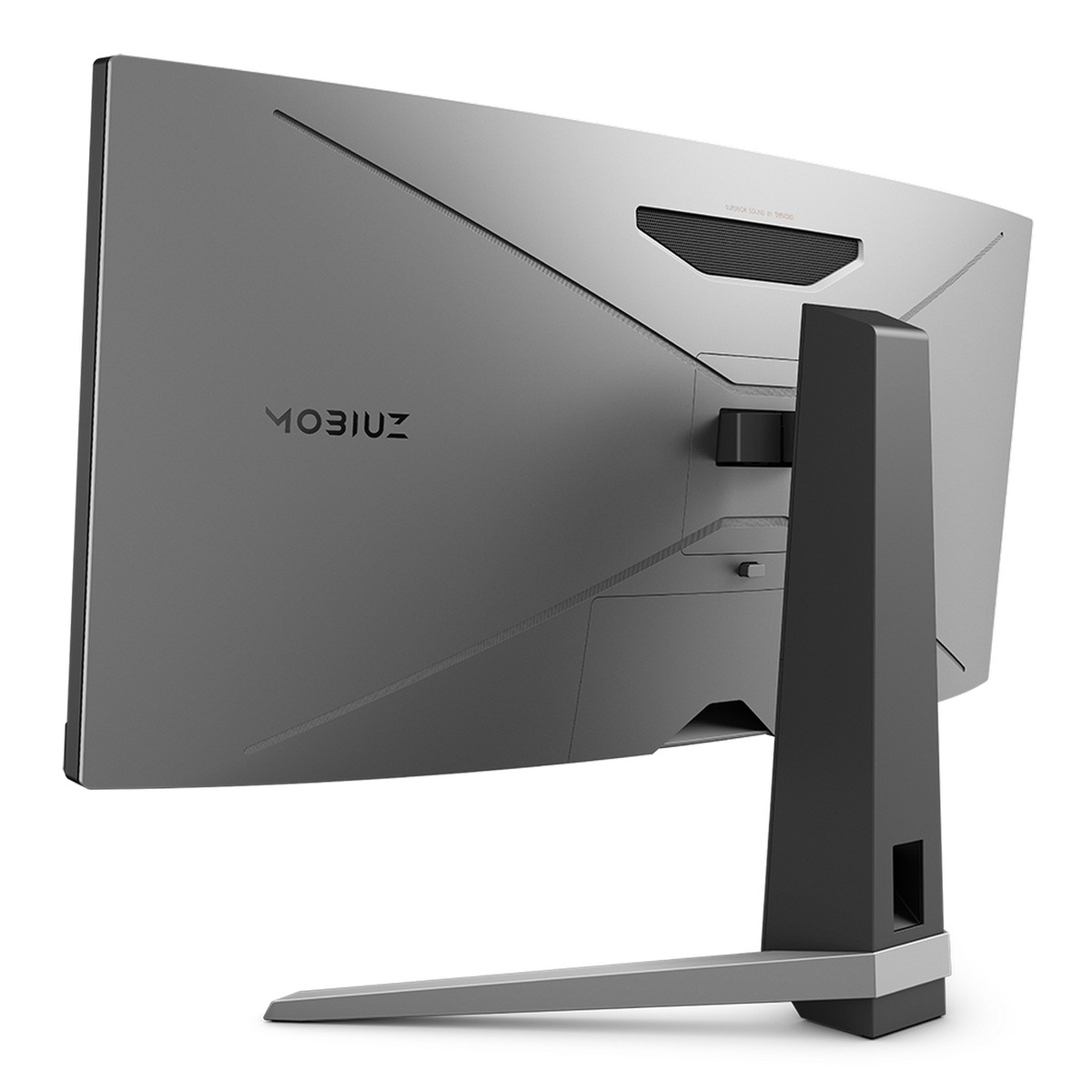Vista posteriore di un monitor da gioco grigio, logo MOBIUZ. Sfondo scuro, vista angolata.