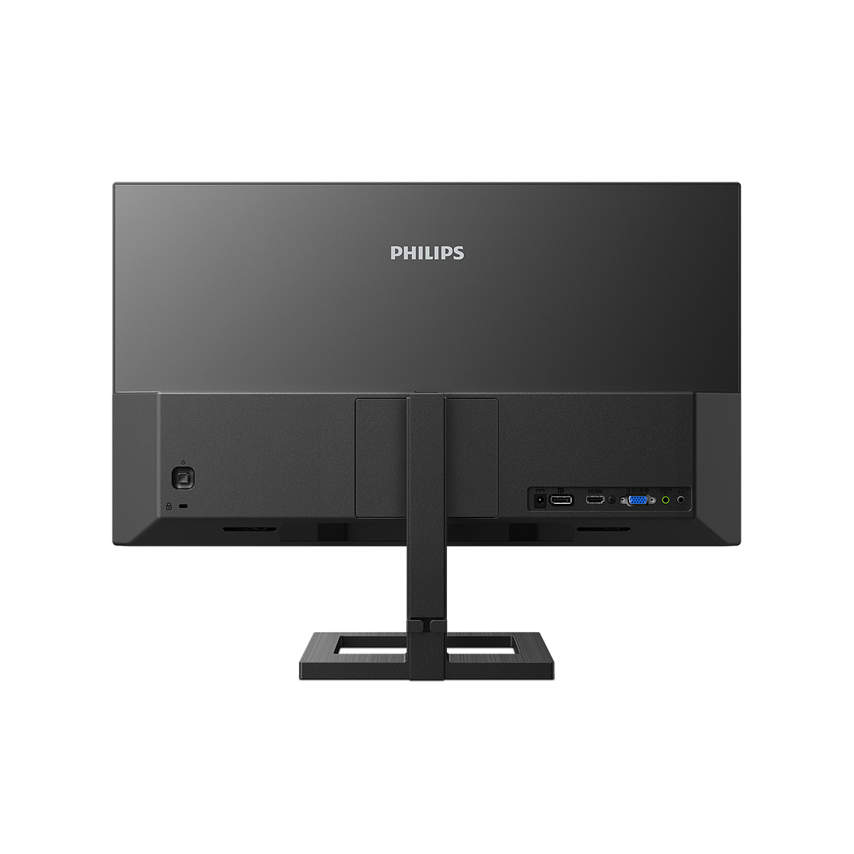 Vista posteriore di un monitor Philips nero con porte e supporto su sfondo bianco.