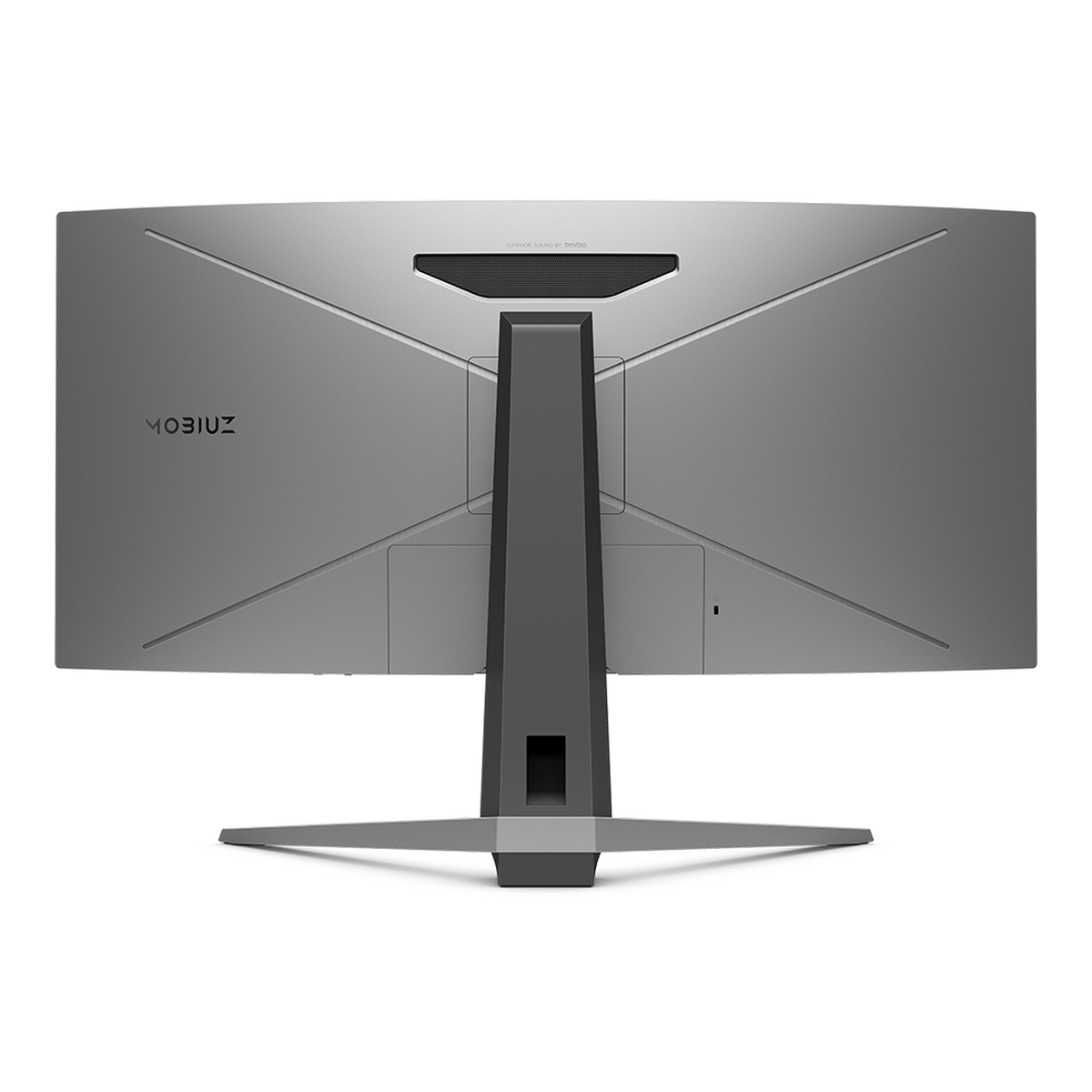 Vista posteriore di un monitor argentato con supporto nero, logo MOBIUZ e design elegante.
