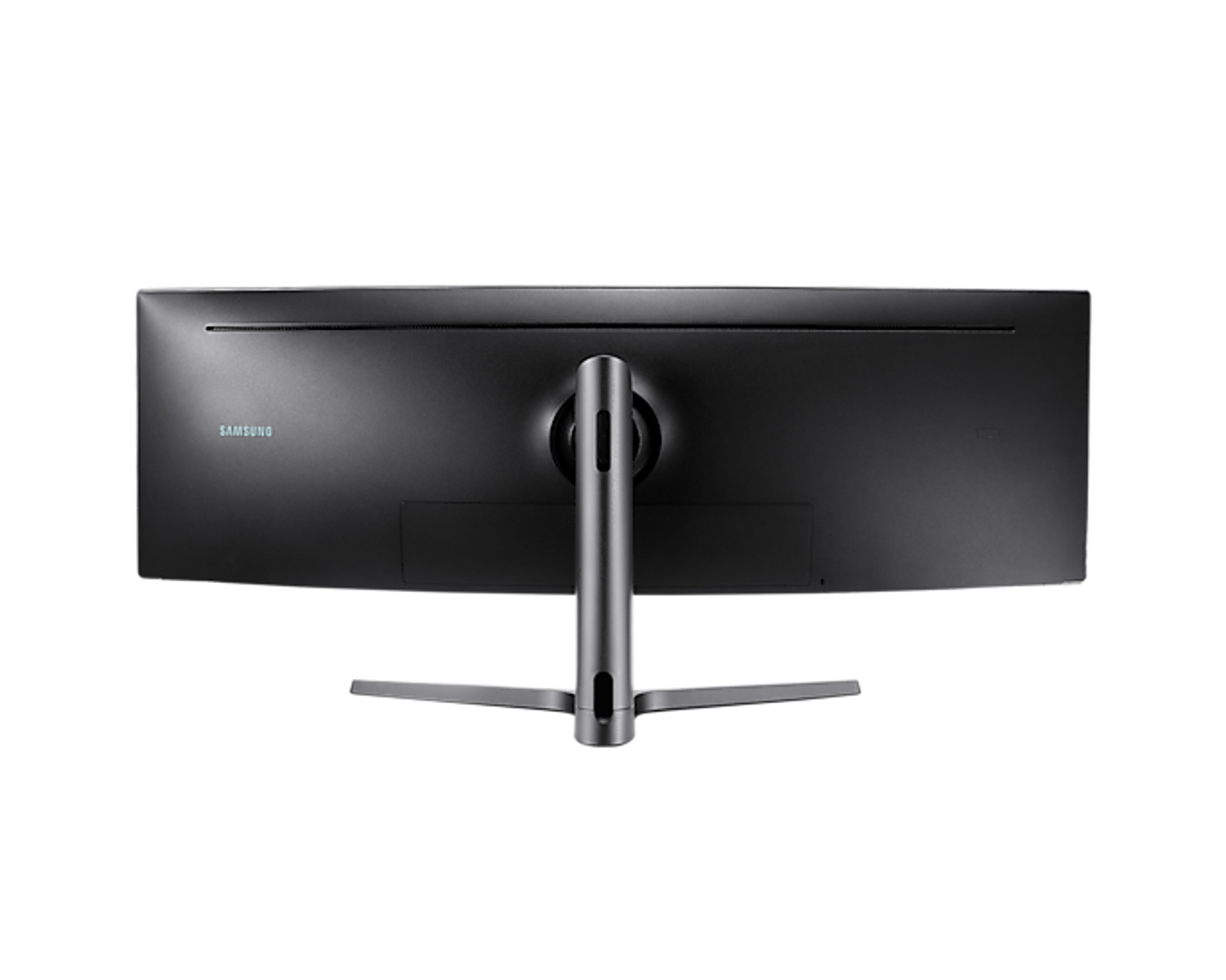 Vista posteriore di un monitor curvo con un supporto.