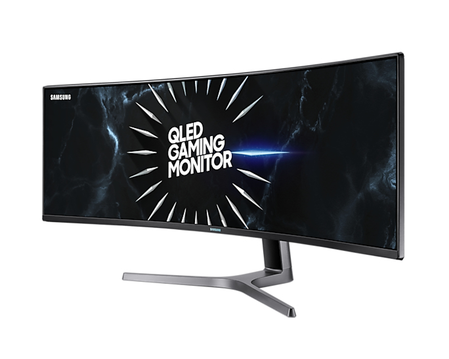 Un monitor curvo nero Samsung QLED gaming che mostra un logo. Il monitor è su uno sfondo bianco.