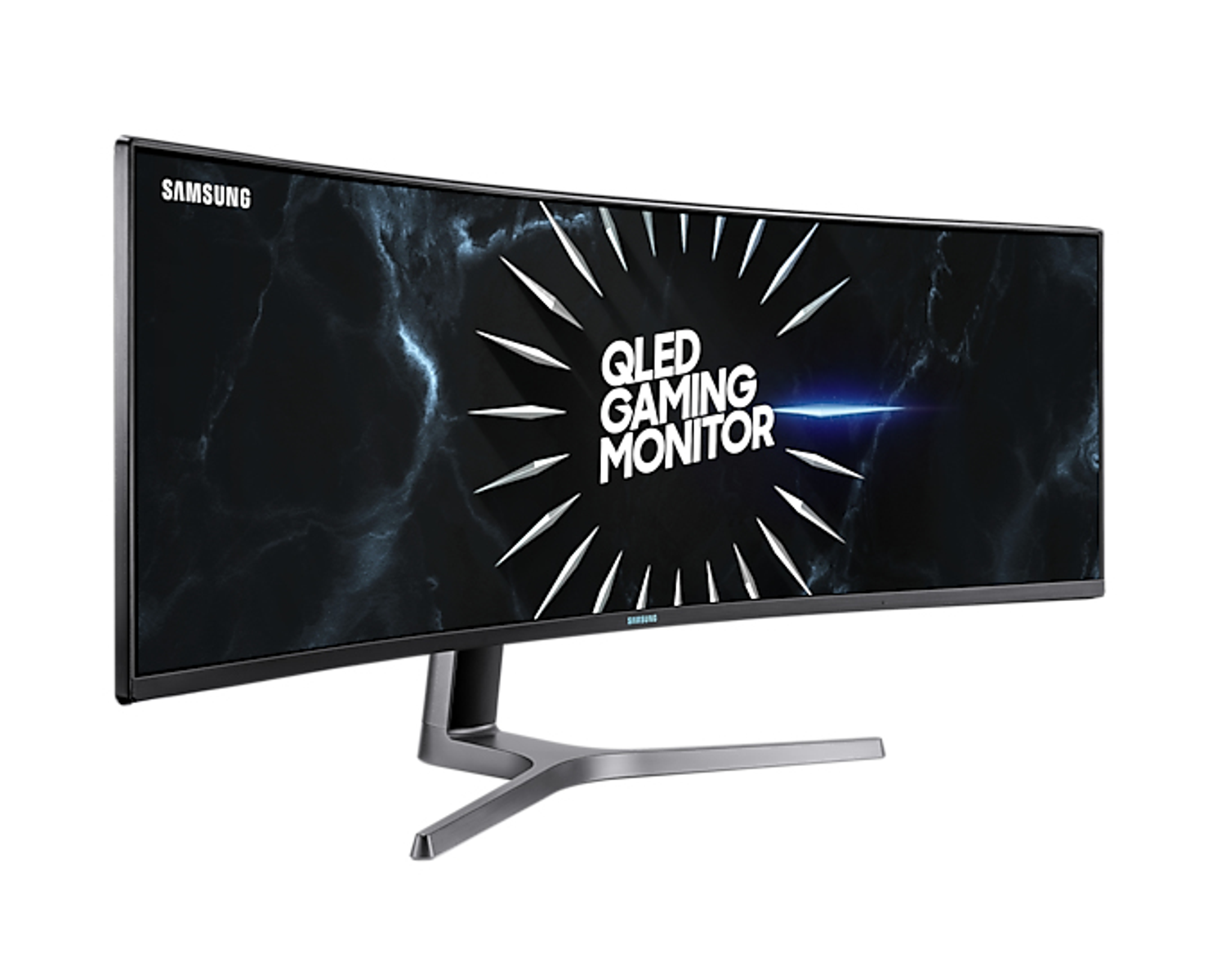 Un monitor curvo per gaming con display QLED, con il marchio Samsung.