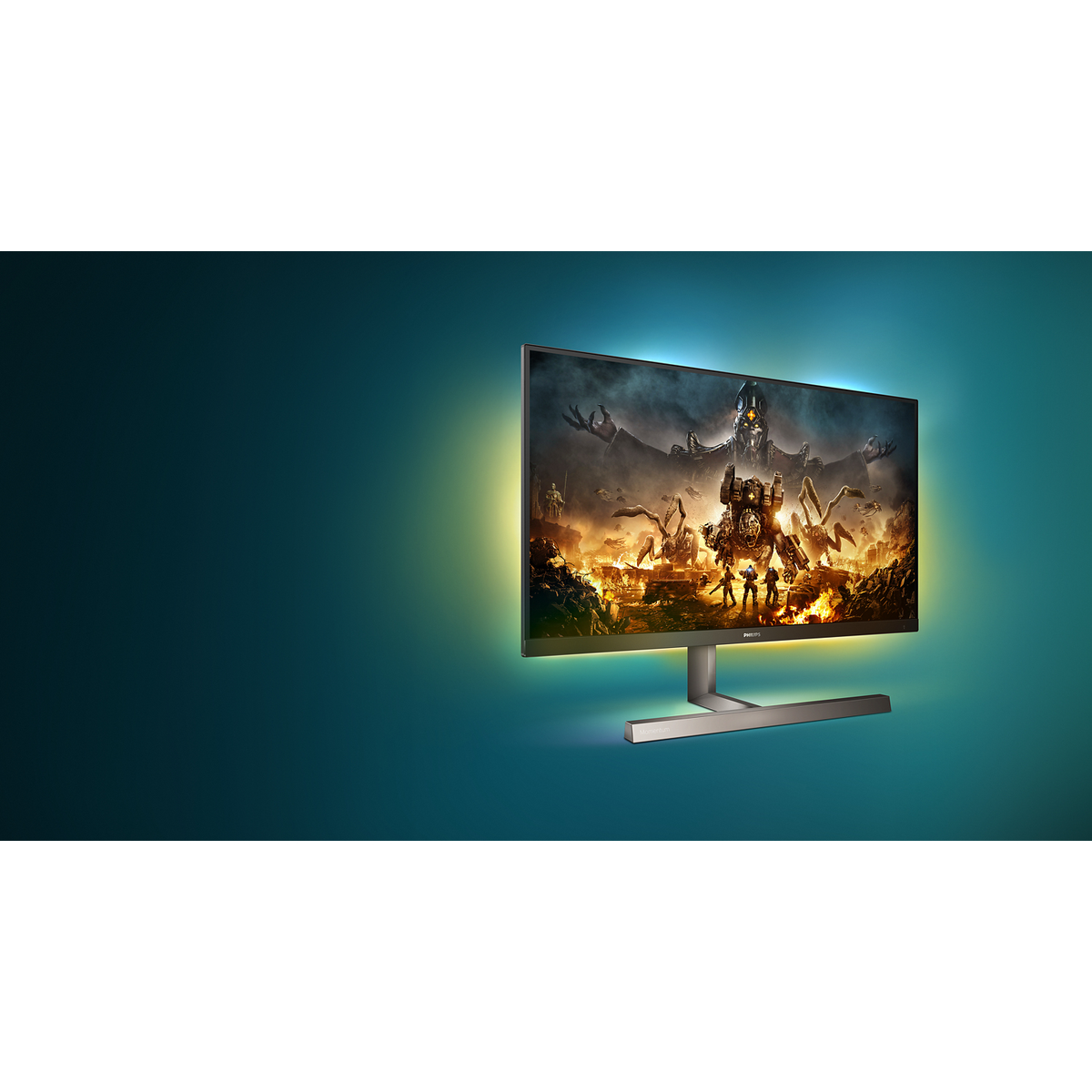 Un monitor da gioco che mostra una scena di videogioco con uno sfondo verde acqua scuro.