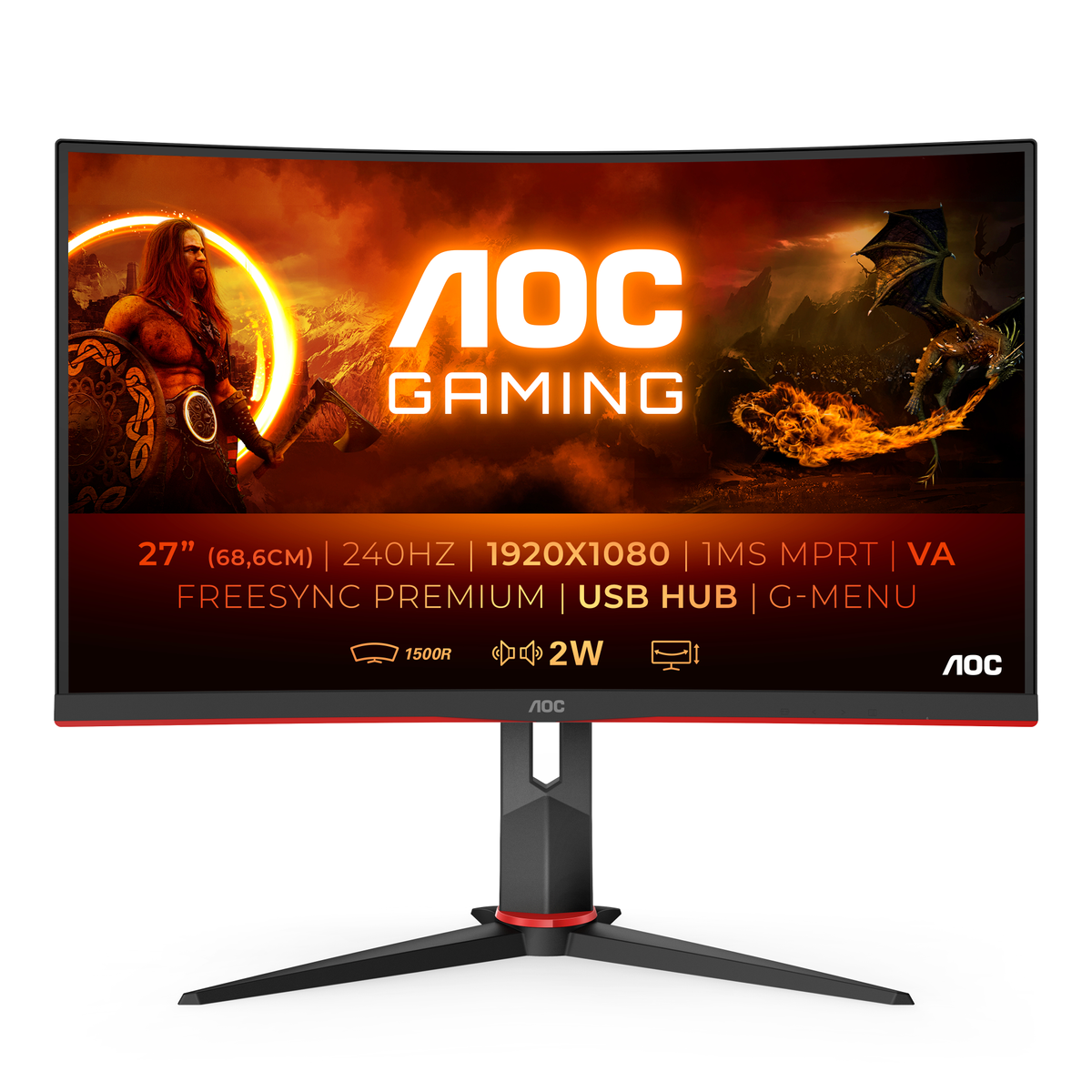 Monitor - C27G2ZU/BK AOC, 27 ", Full-HD, 0,5 ms, Displayport|HDMI|USB, Negro