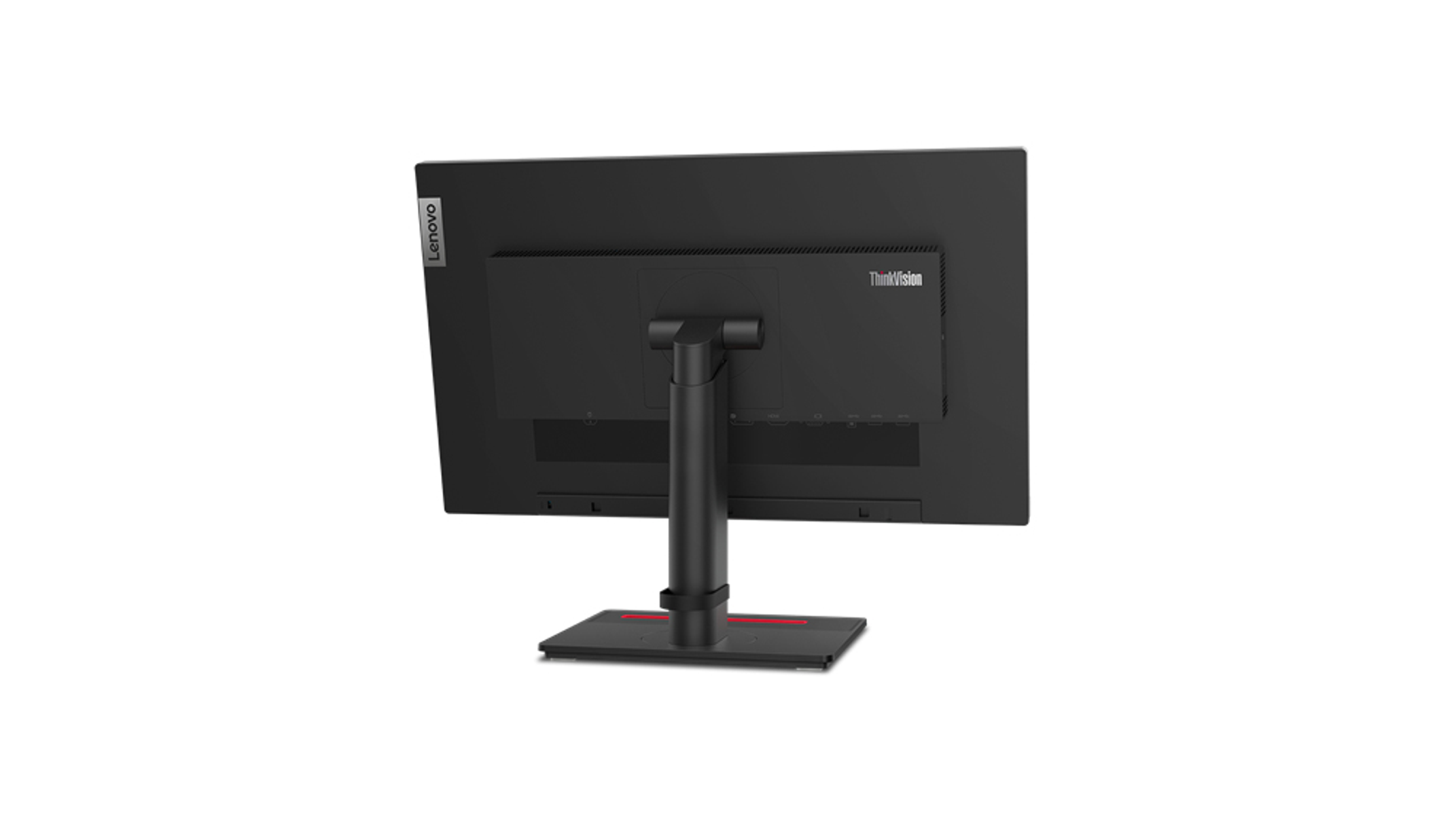 Parte trasera de un monitor Lenovo sobre un soporte, mostrando la base, el mástil y las entradas.