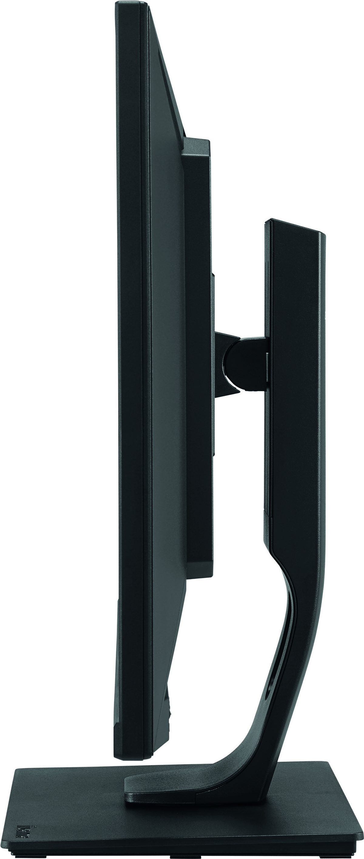 Widok z boku czarnego monitora z czarną podstawą. Podstawa również jest czarna.