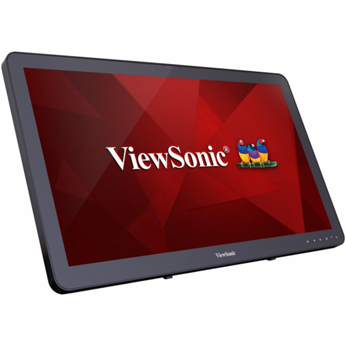 ViewSonic monitor met een rode achtergrond en het ViewSonic logo en vogels.