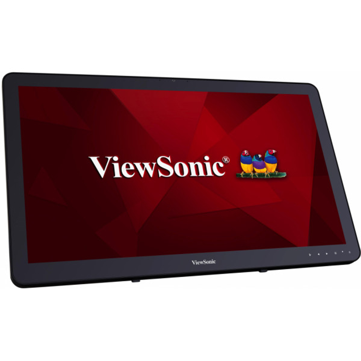 Een ViewSonic monitor met het merklogo en kleurrijke vogels tegen een rode achtergrond.