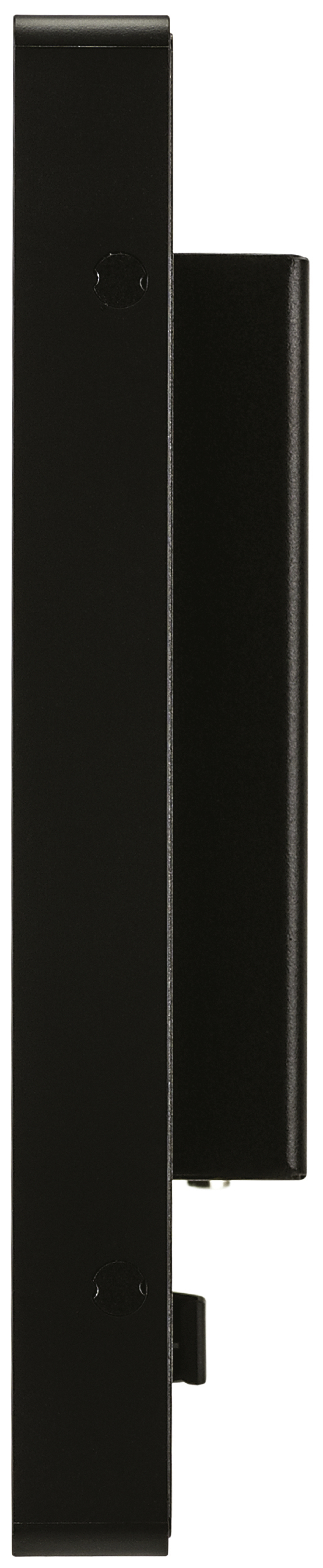 Widok z boku czarnego, solidnie wyglądającego urządzenia z prostokątnym korpusem.