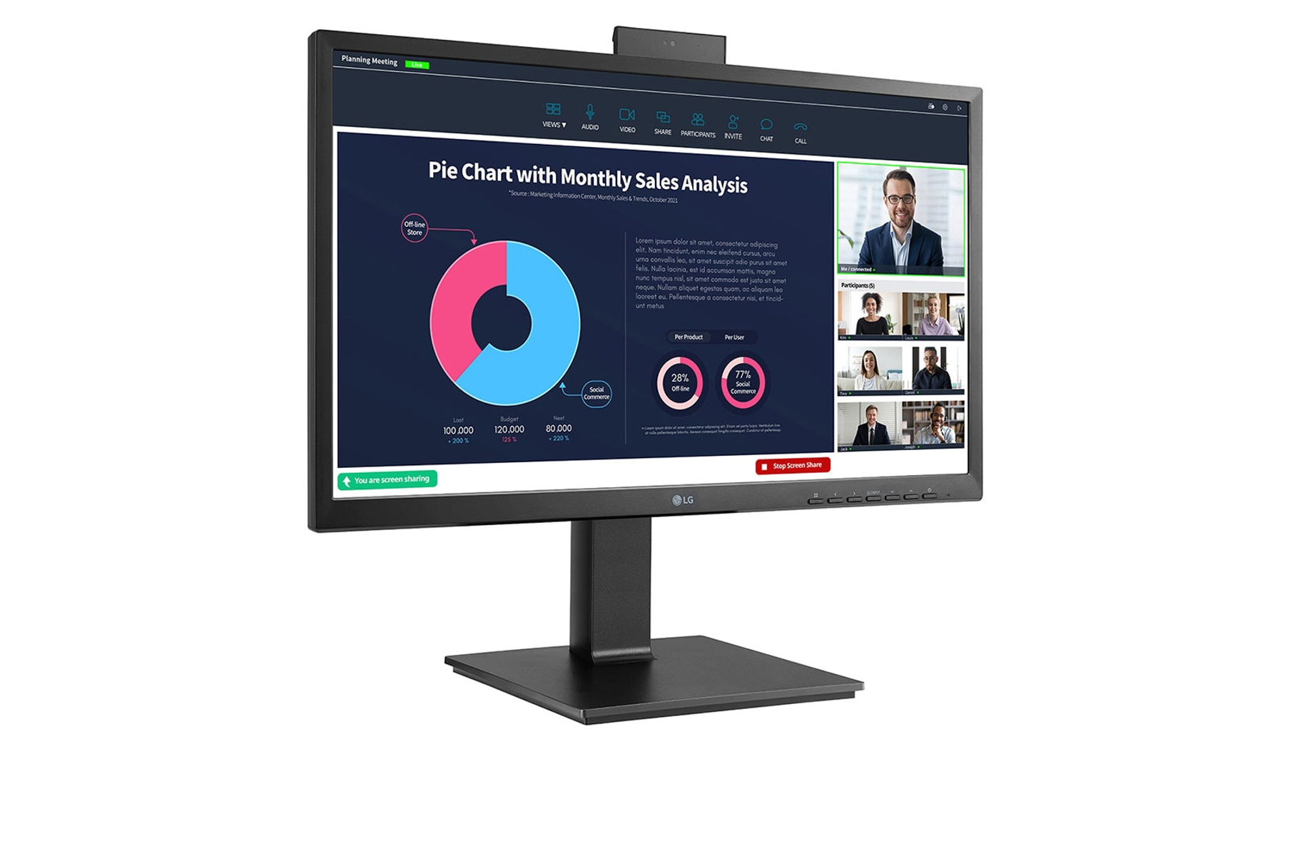 Un monitor de computadora negro que muestra una interfaz de videollamada con un gráfico circular.