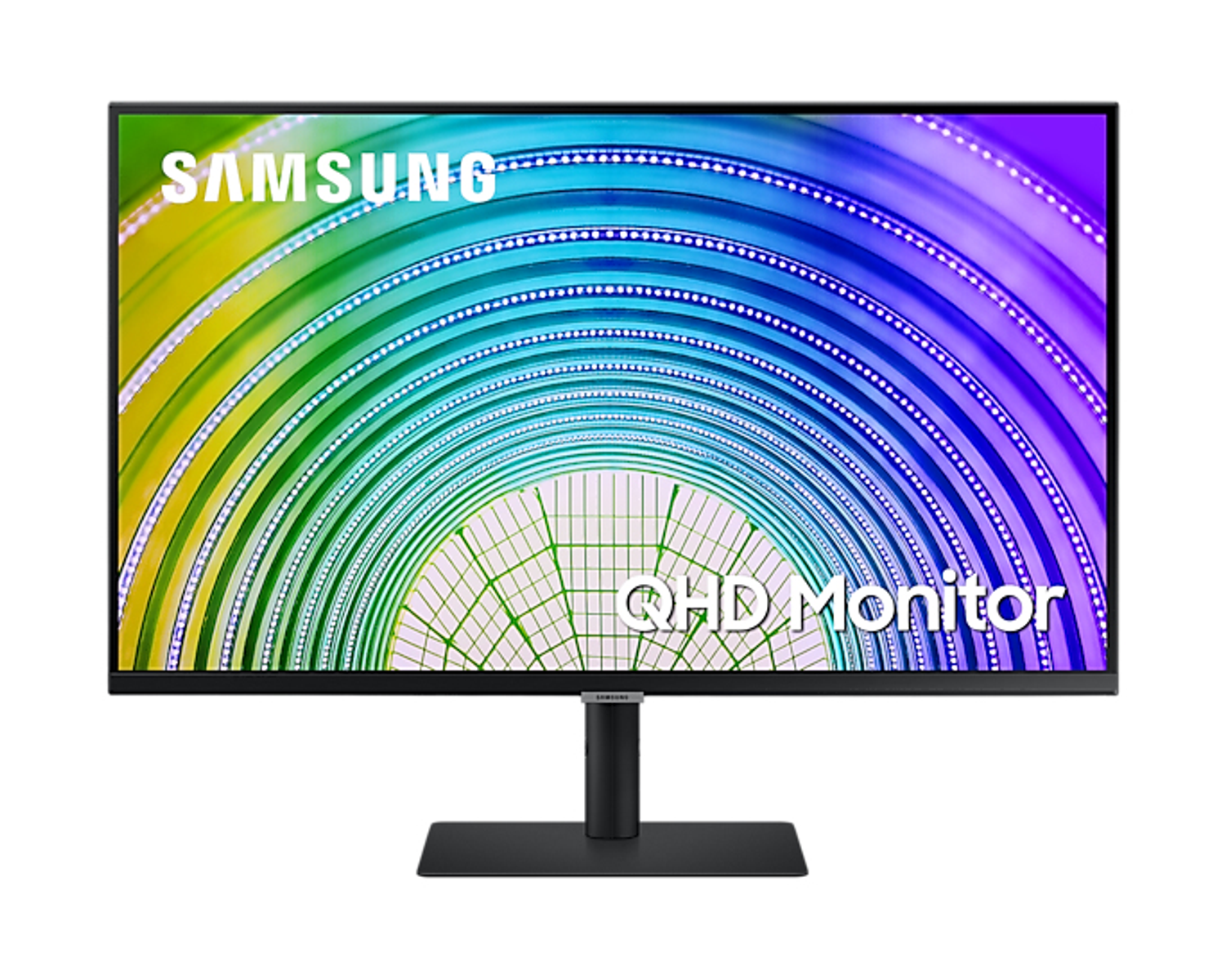 Un monitor nero che mostra un design astratto e colorato con le parole 'SAMSUNG' e 'QHD MONITOR'.