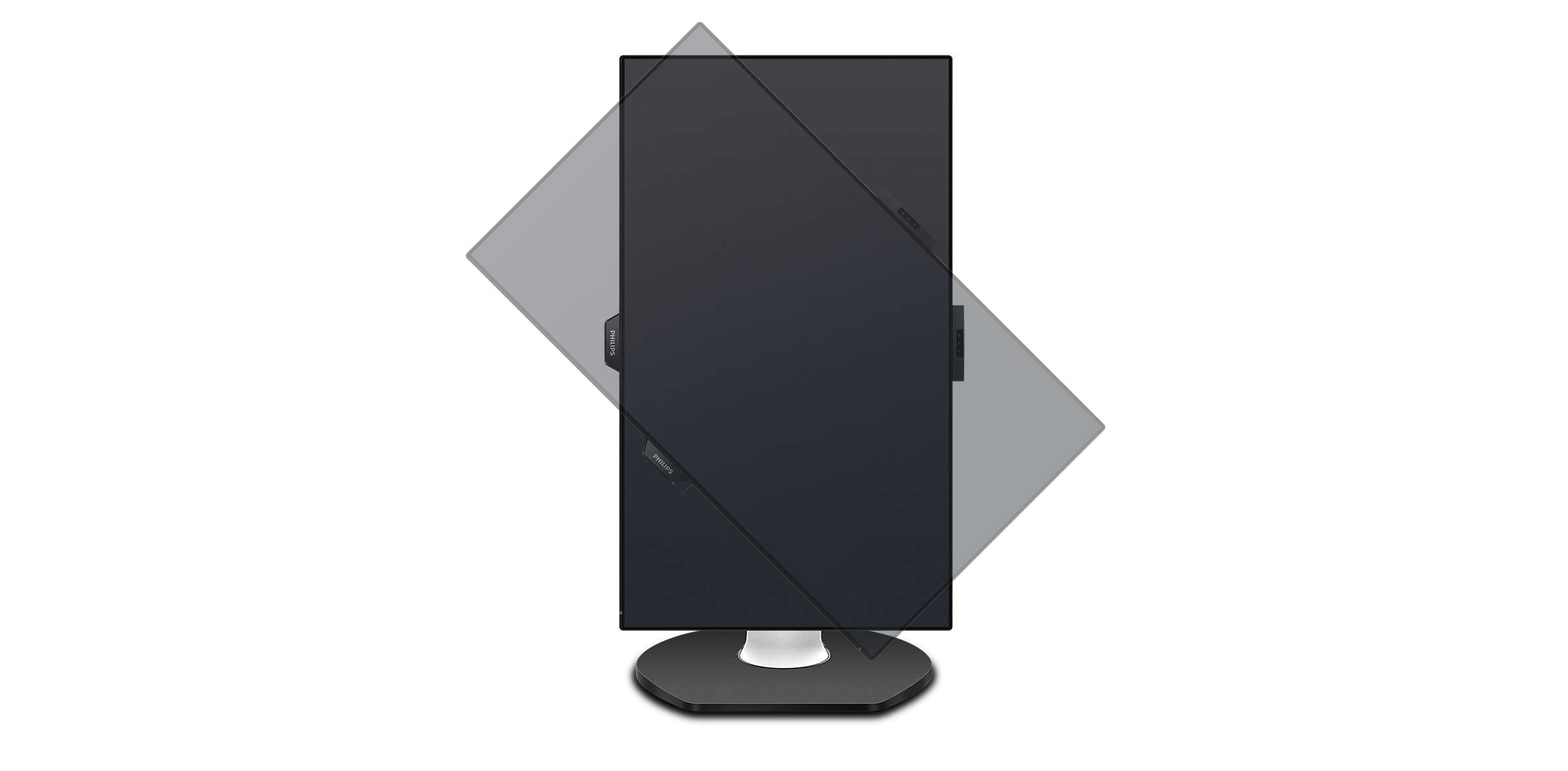 Un monitor è inclinato con il suo supporto su una superficie bianca.