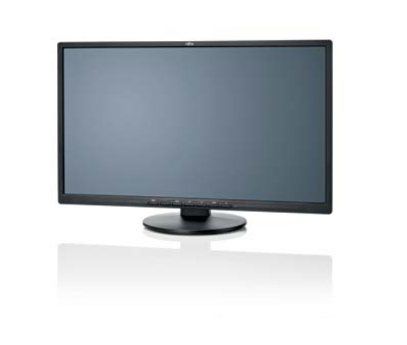 Un monitor nero per computer su sfondo bianco. Ha uno schermo scuro e base rotonda.