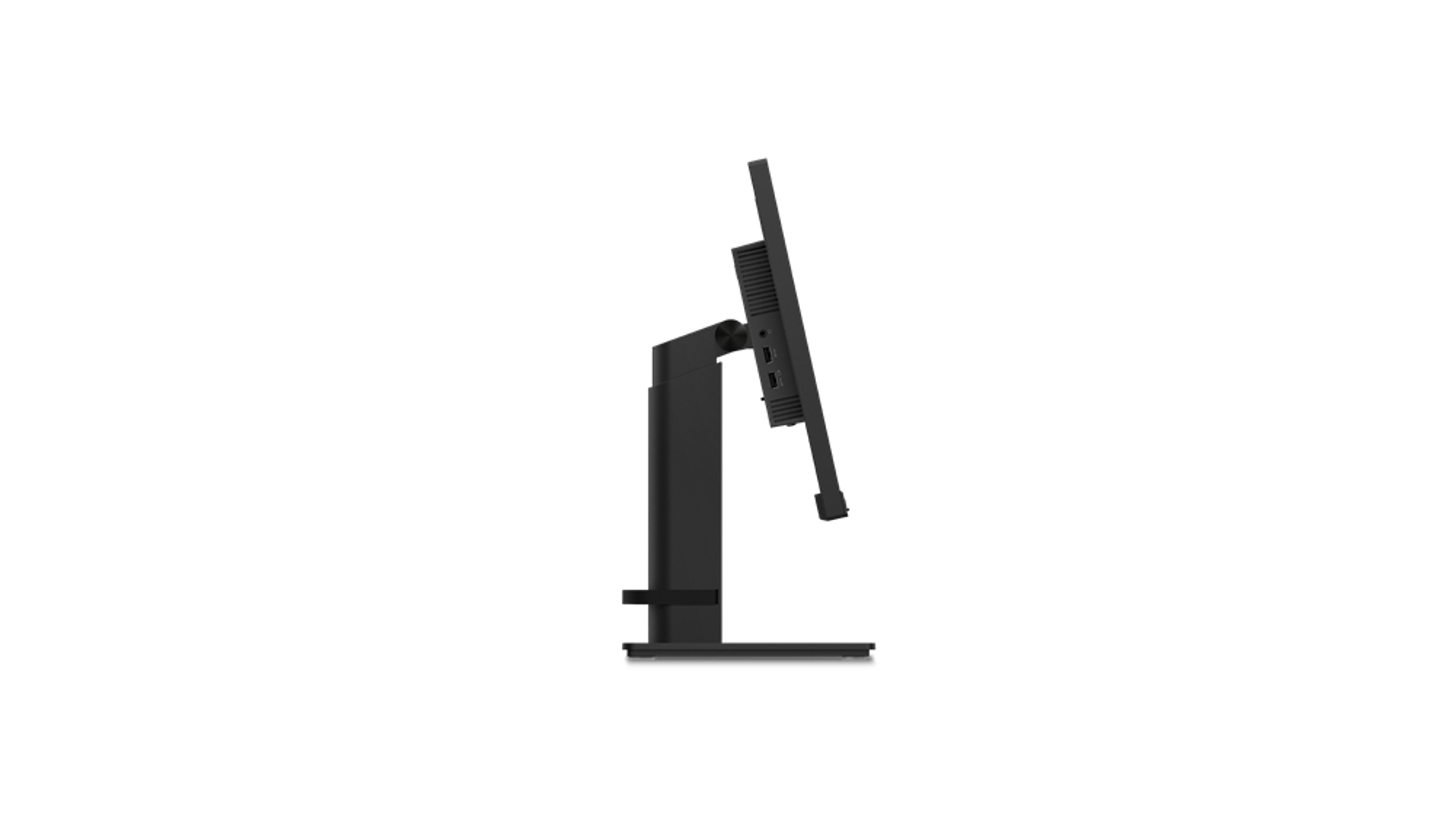 Seitenansicht eines schwarzen Monitors auf seinem Ständer, die die einstellbaren Funktionen zeigt.