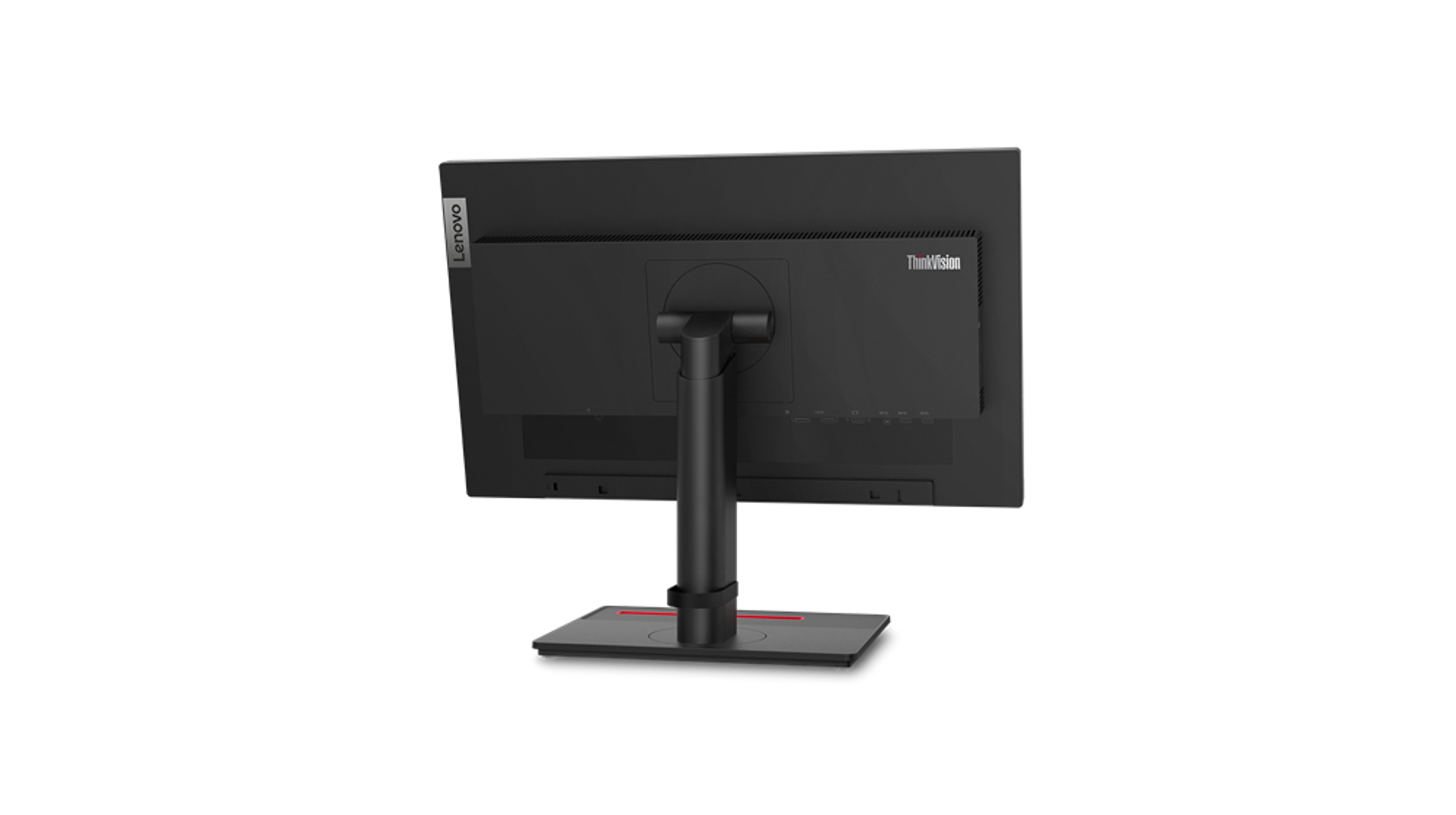 Rückseite eines schwarzen Lenovo-Monitors mit Ständer. Das ThinkVision-Logo ist sichtbar.