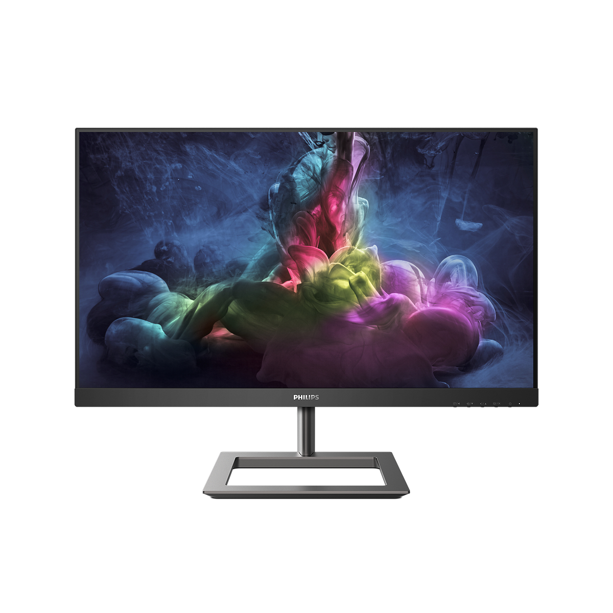 Moniteur Philips avec cadre noir, présentant de l'art de fumée coloré à l'écran, sur une base argentée.