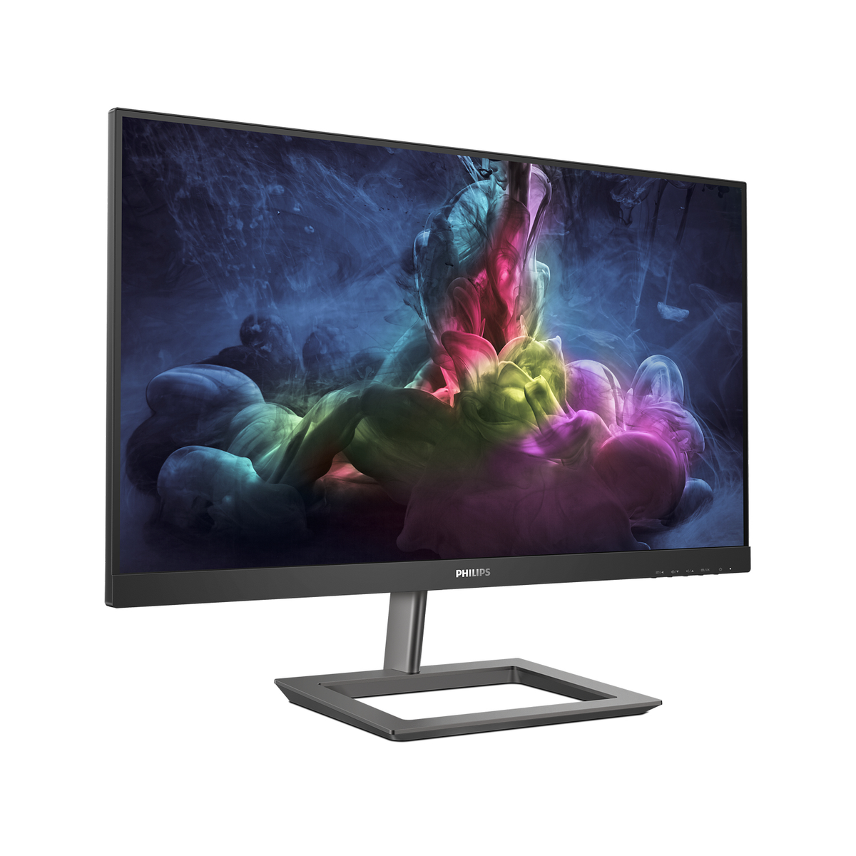 Moniteur noir avec une image abstraite colorée sur l'écran, base grise, fond blanc.