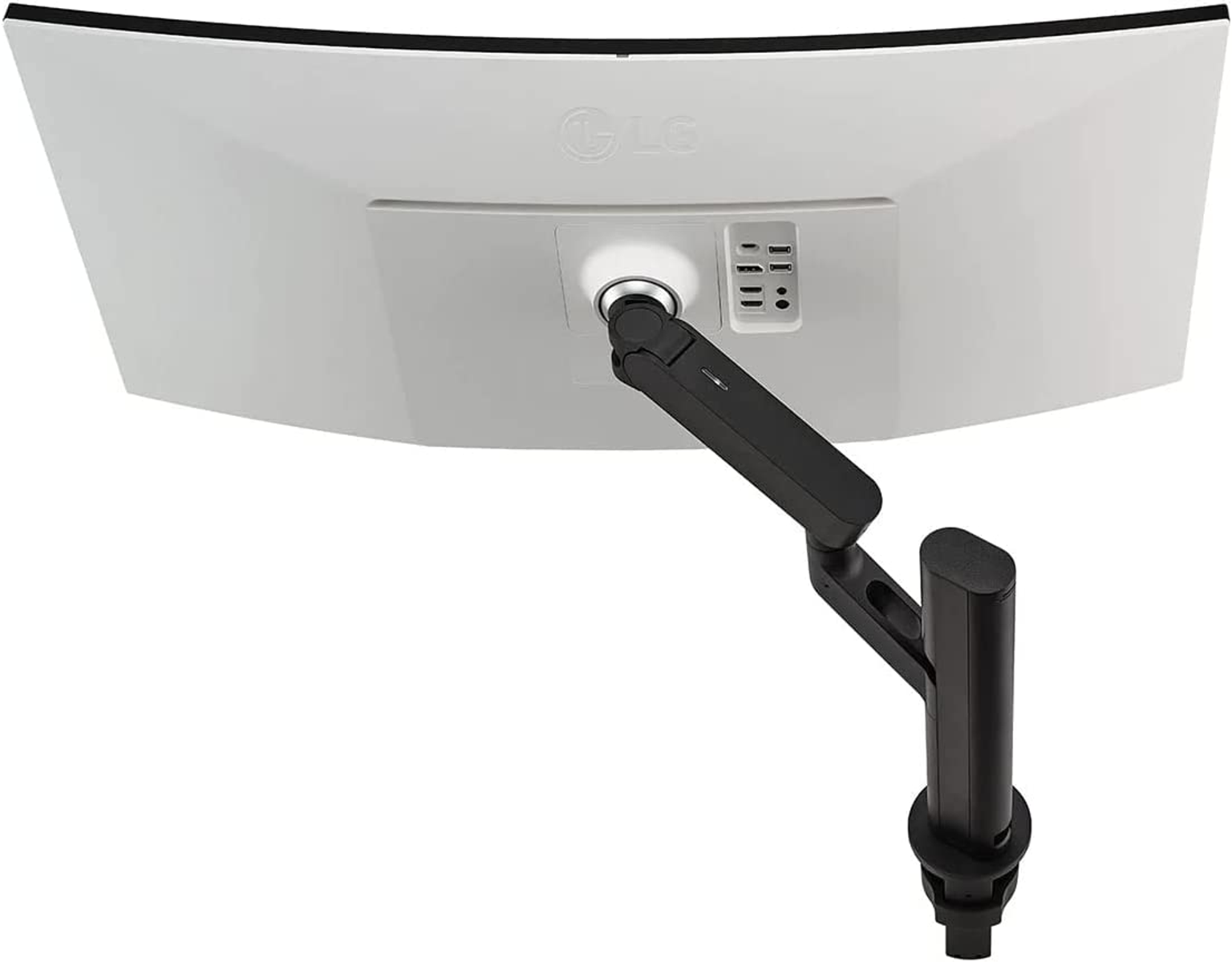 Retro di un monitor LG curvo bianco con braccio e supporto neri.