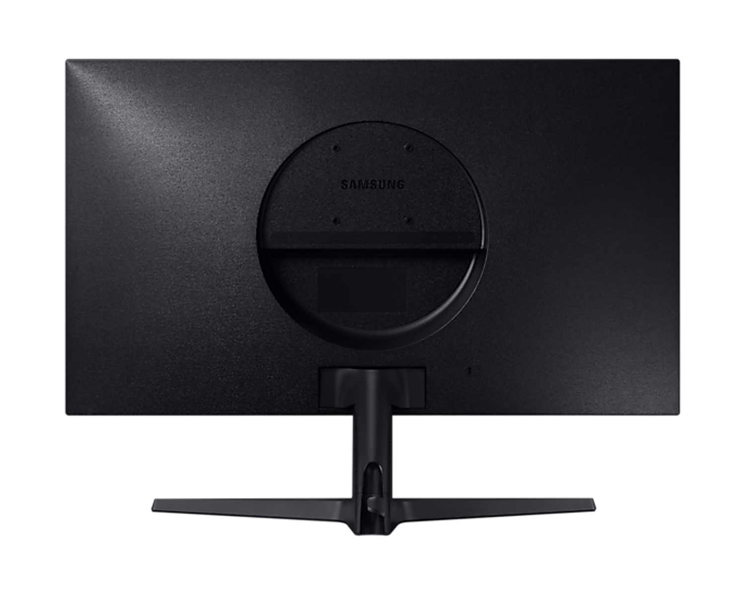 Retro di un monitor per computer nero, con supporto e logo Samsung.