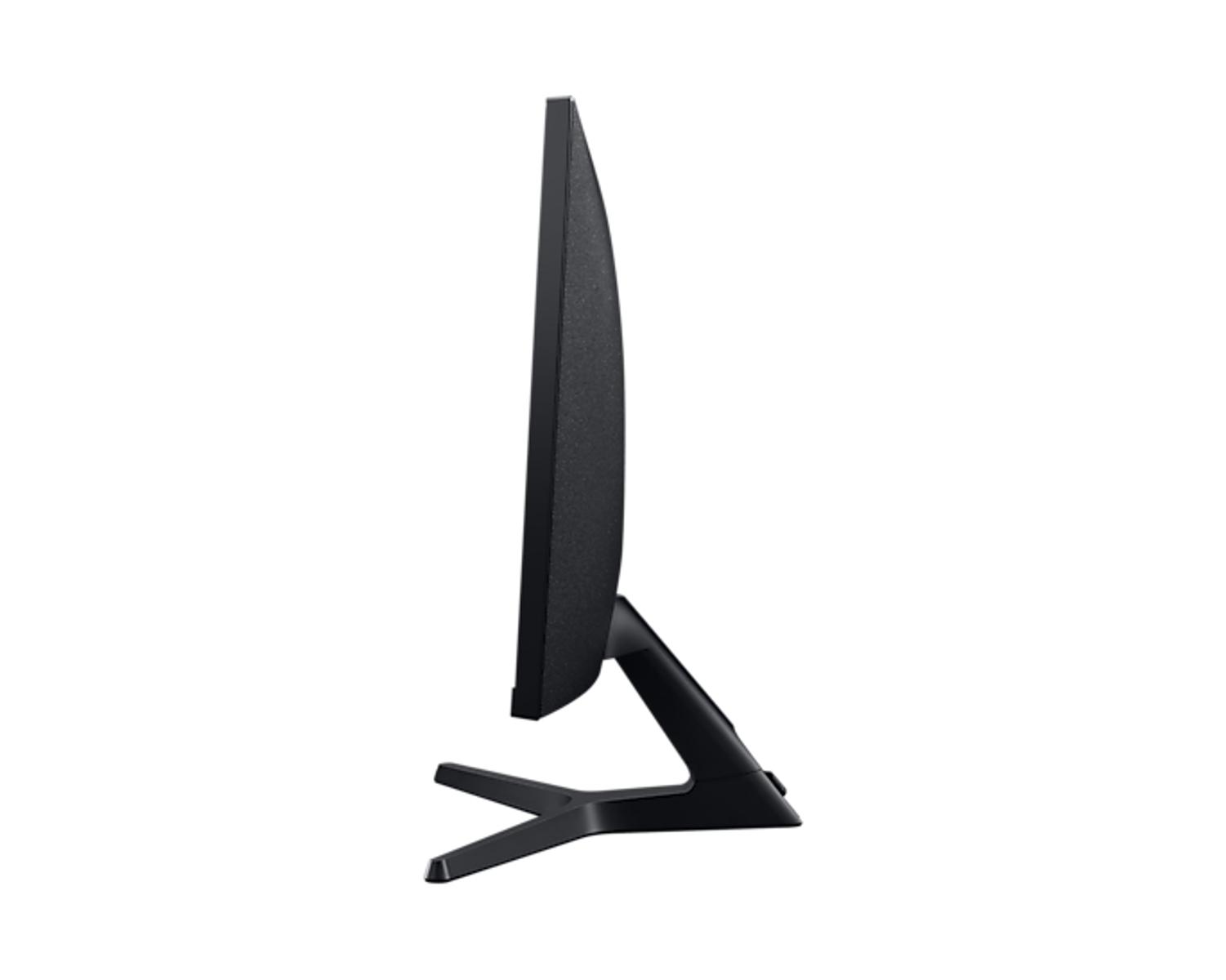 Monitor nero dalla vista laterale, con supporto e base neri.