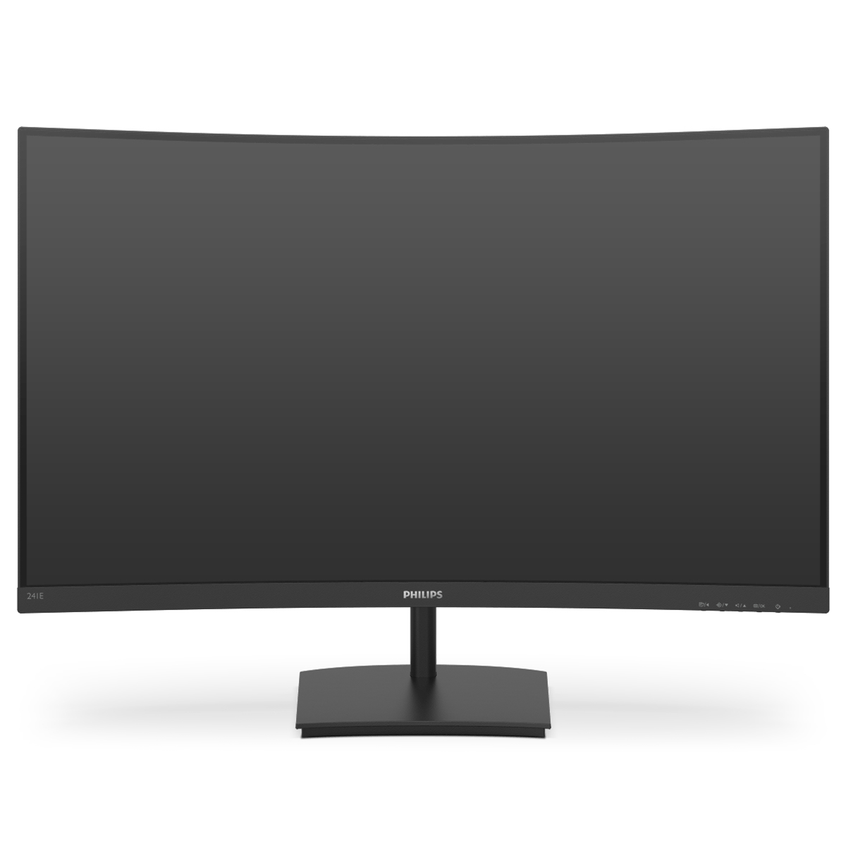 Czarny zakrzywiony monitor Philips na czarnym stojaku, widok z przodu.