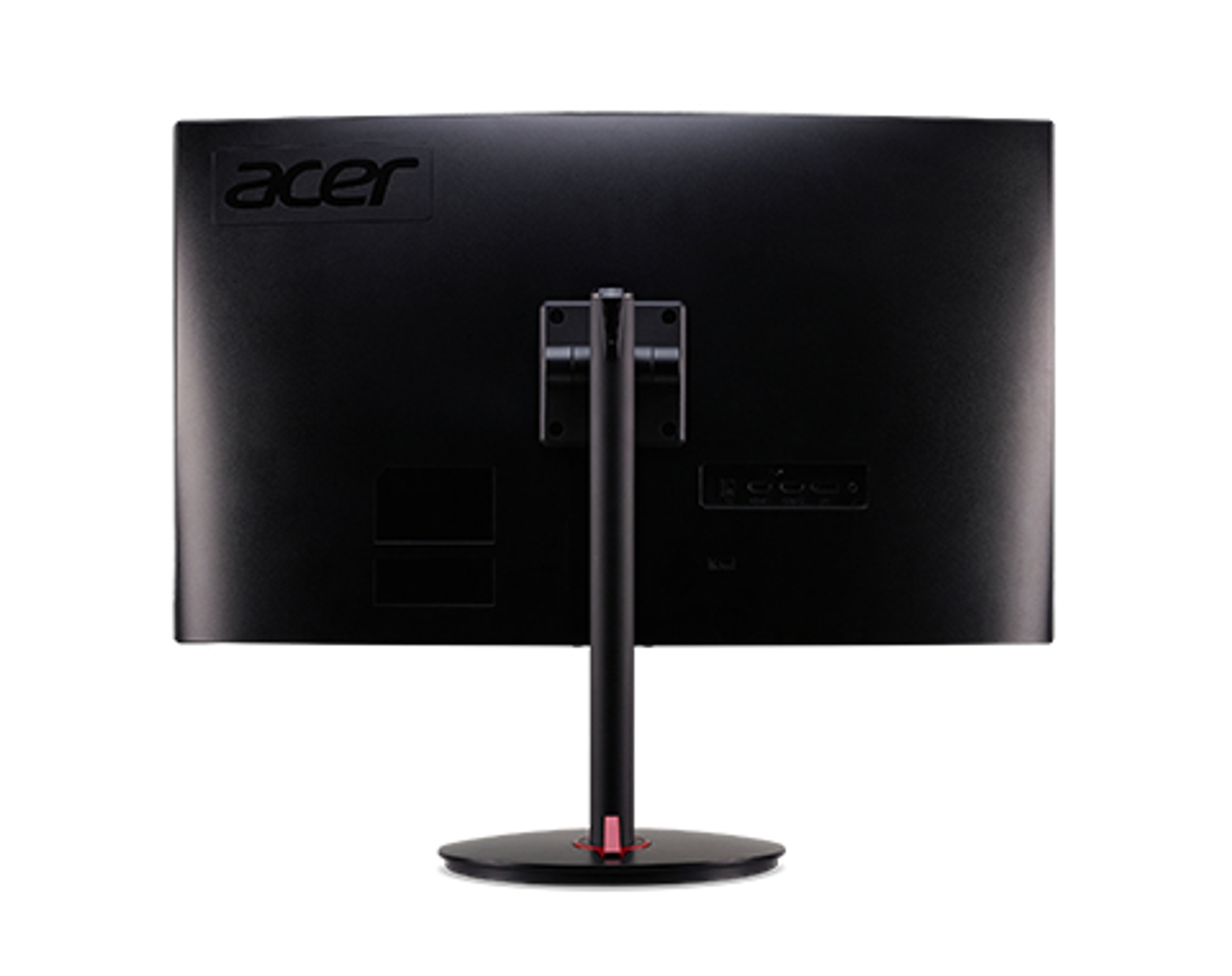 Tył czarnego monitora Acer. Logo Acer jest w lewym górnym rogu. Białe tło.