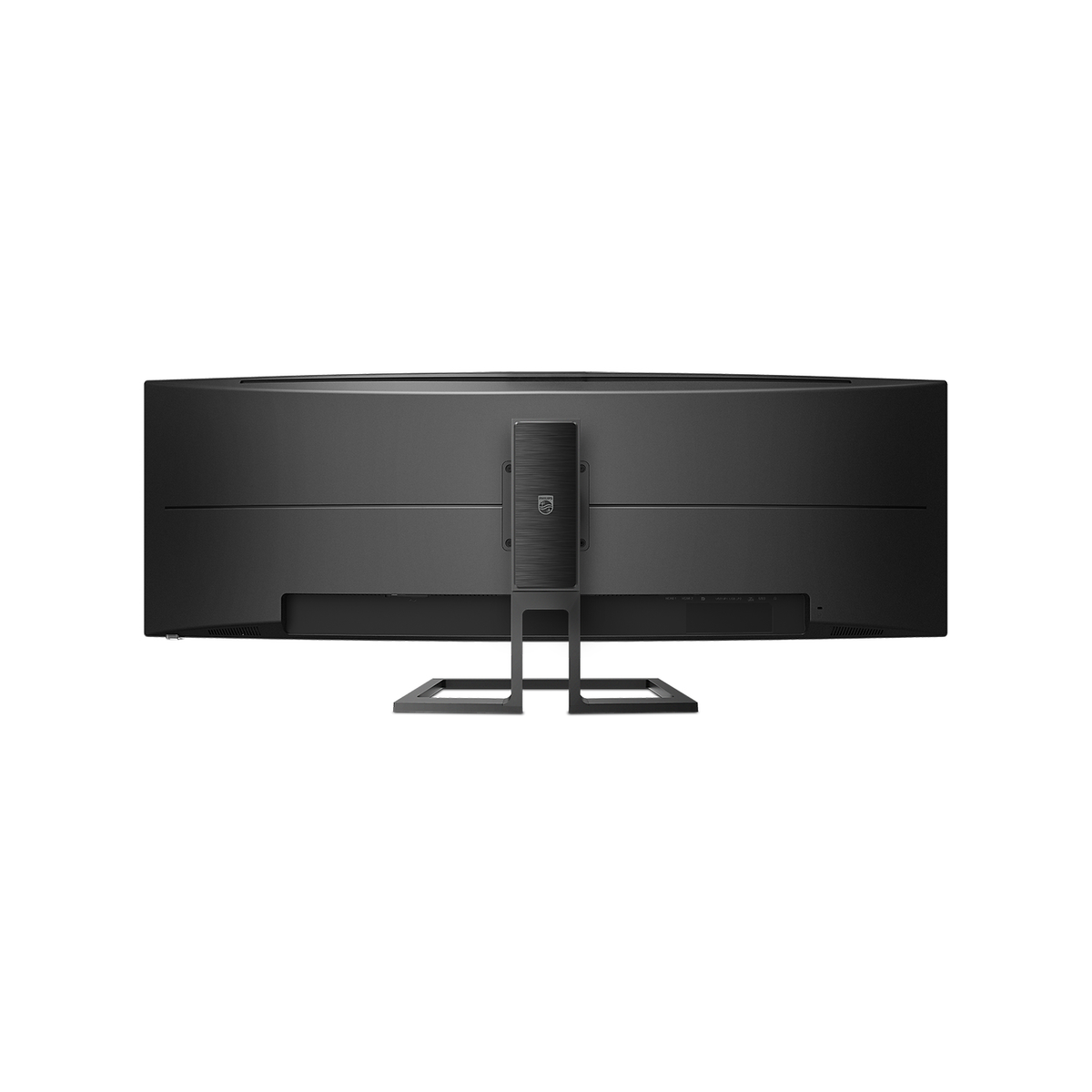 Retro del monitor nero. Supporto e porte visibili.