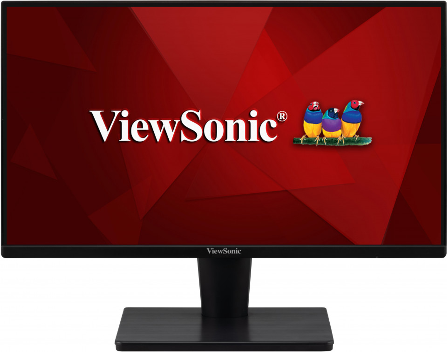 Monitor ViewSonic con fondo rojo, logo blanco y tres figuras de pájaros.