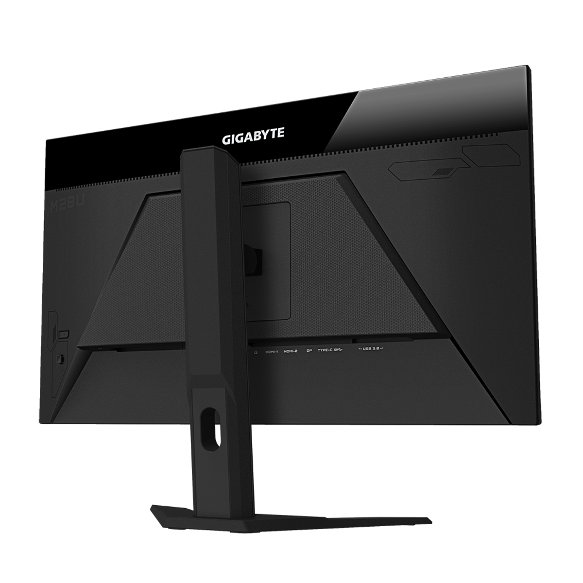 Rückansicht eines schwarzen Monitors mit Ständer, zeigt Anschlüsse und Design.