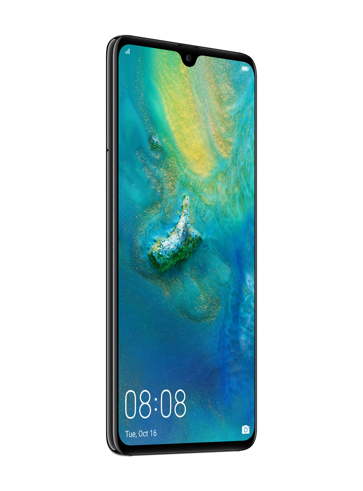 Ein schwarzes Smartphone mit großem Bildschirm, leicht zur Seite geneigt.