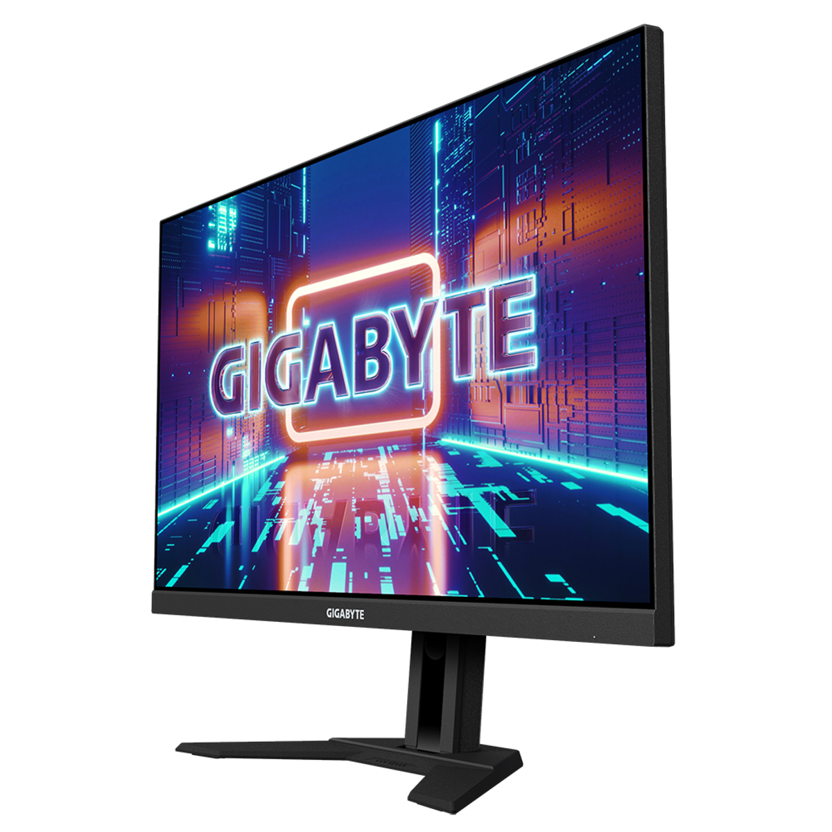 Ein Gigabyte-Monitor, der ein Logo und einen schwarzen Sockel anzeigt.