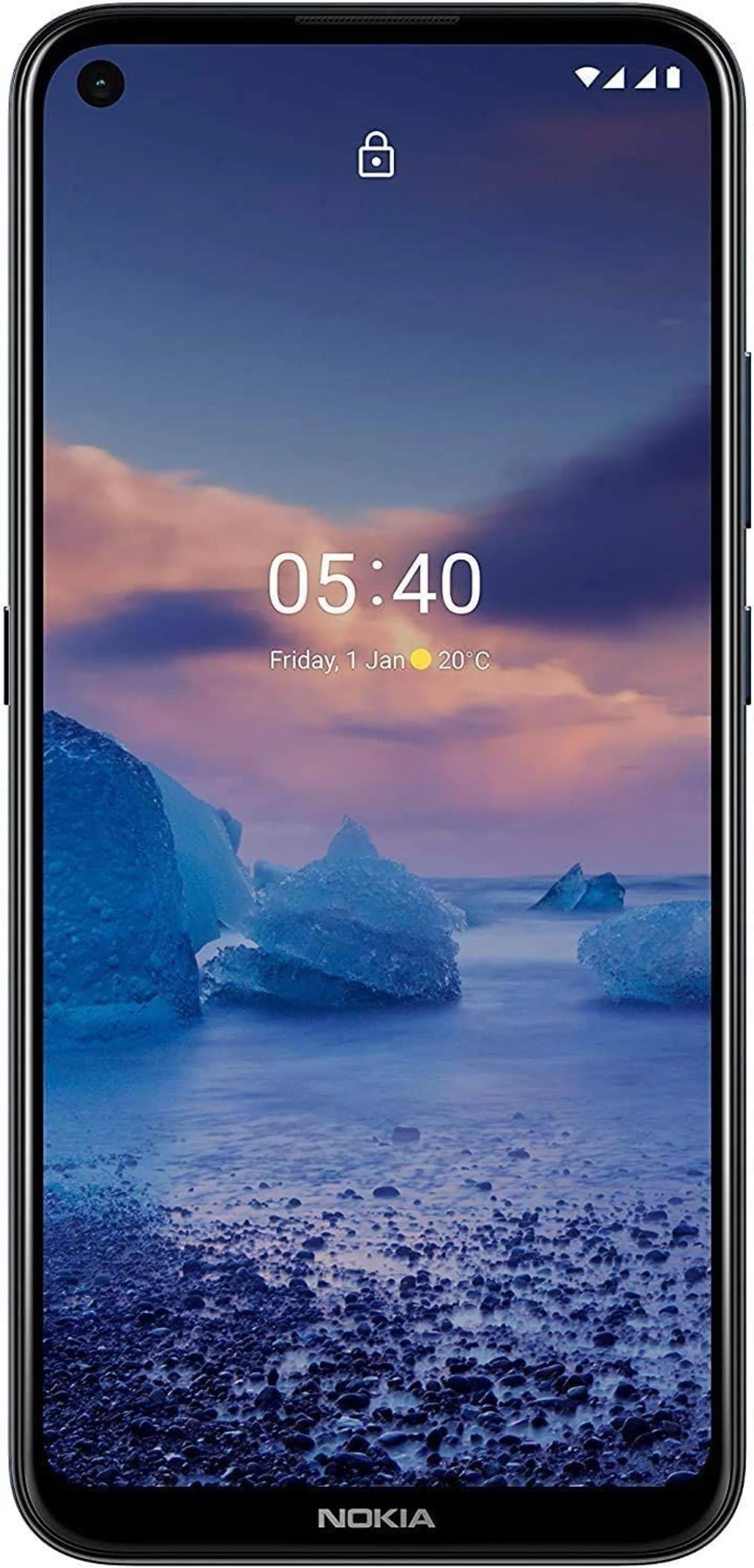 Nokia-Handy mit Strand- und Eisberg-Hintergrund. Zeigt Uhrzeit und Datum.