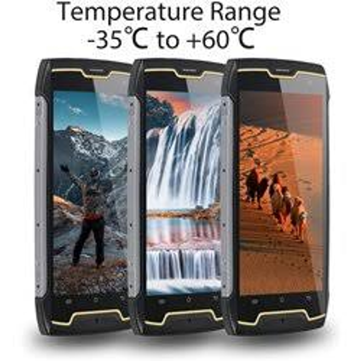 Trzy wytrzymałe telefony z różnymi obrazami na ekranie.