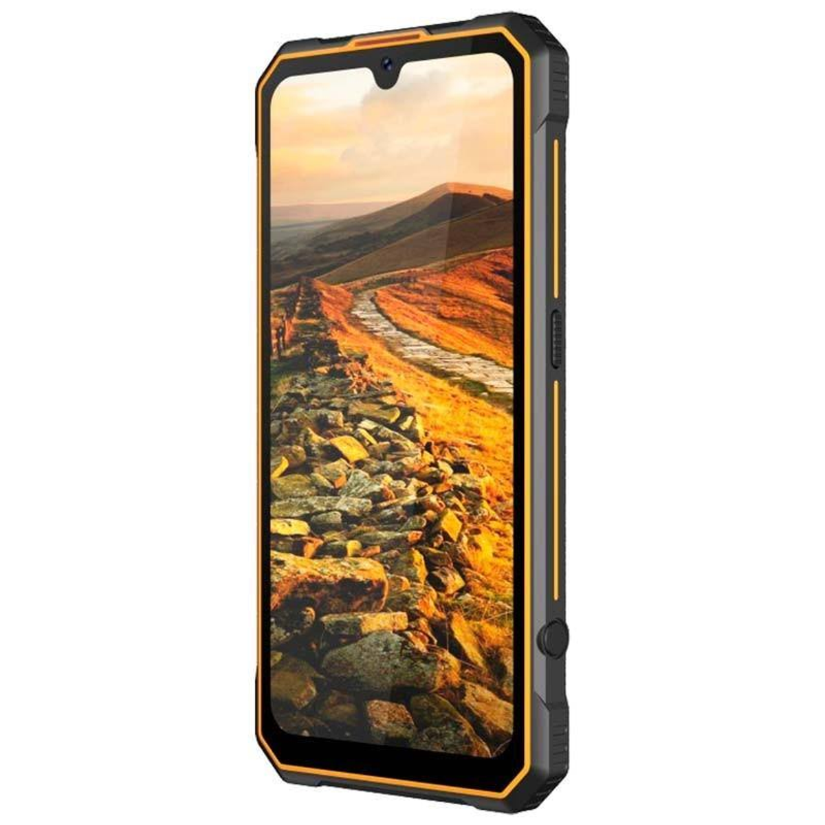 Wytrzymały smartfon, czarny i pomarańczowy, wyświetlający krajobraz z rzeką.