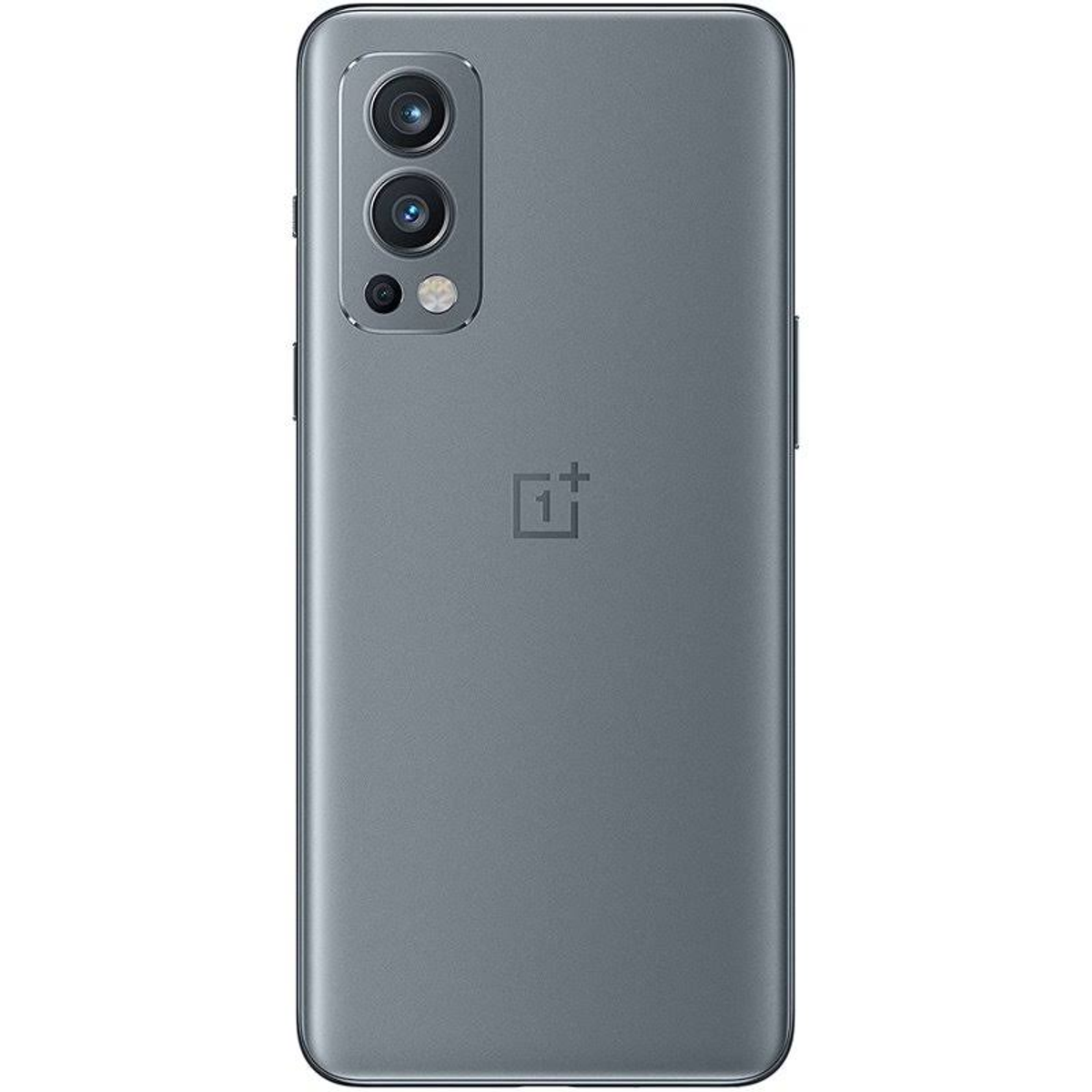 Grijze telefoon achterkant met cameralenzen, flitser en een OnePlus logo. De achterkant is grijs.