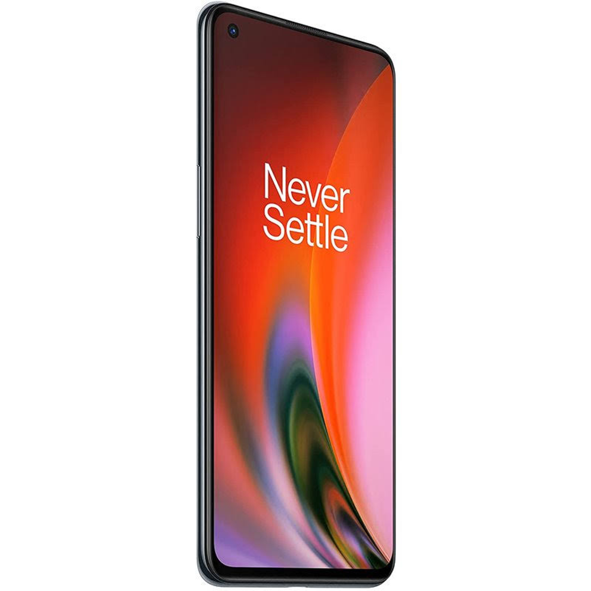 OnePlus-telefoon. Zwart, met een kleurrijk scherm en de tekst "Never Settle".