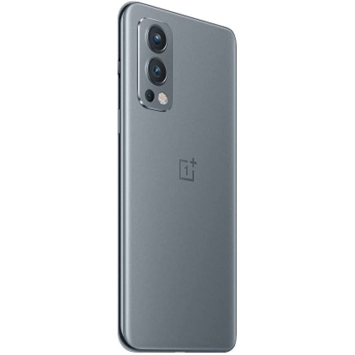 Grijze smartphone achterkant, met cameramodule, zijknoppen. Strak design met matte afwerking.