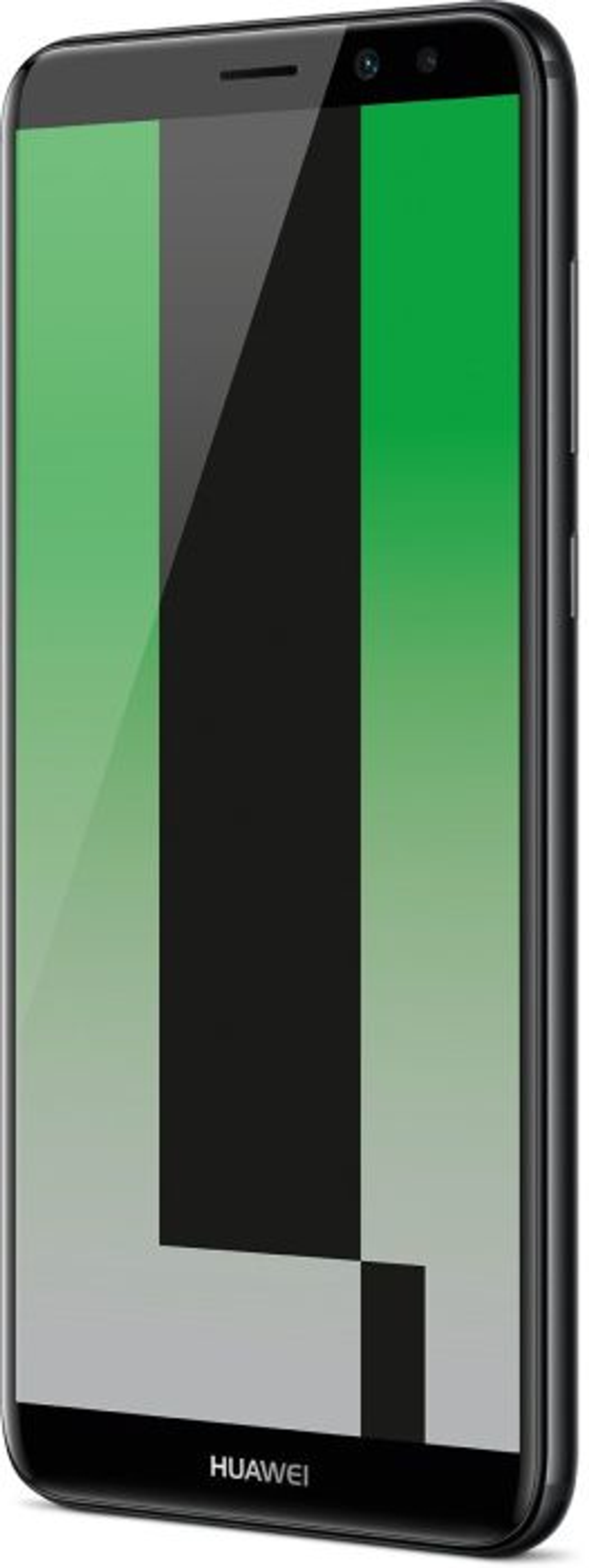 Ein schwarzes Smartphone mit großem grün-schwarzem Design auf dem Bildschirm, schräge Ansicht.