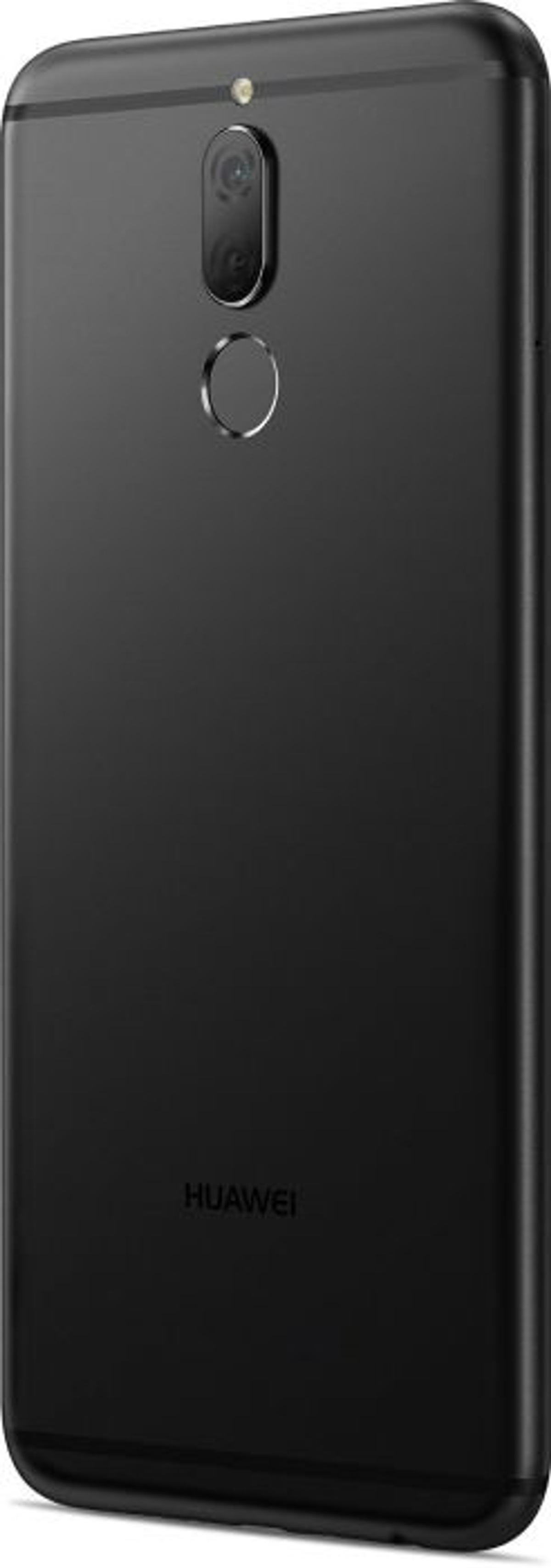 Schwarzes Telefon mit Kameramodul auf der Rückseite. Das Huawei-Logo ist sichtbar. Weißer Hintergrund.