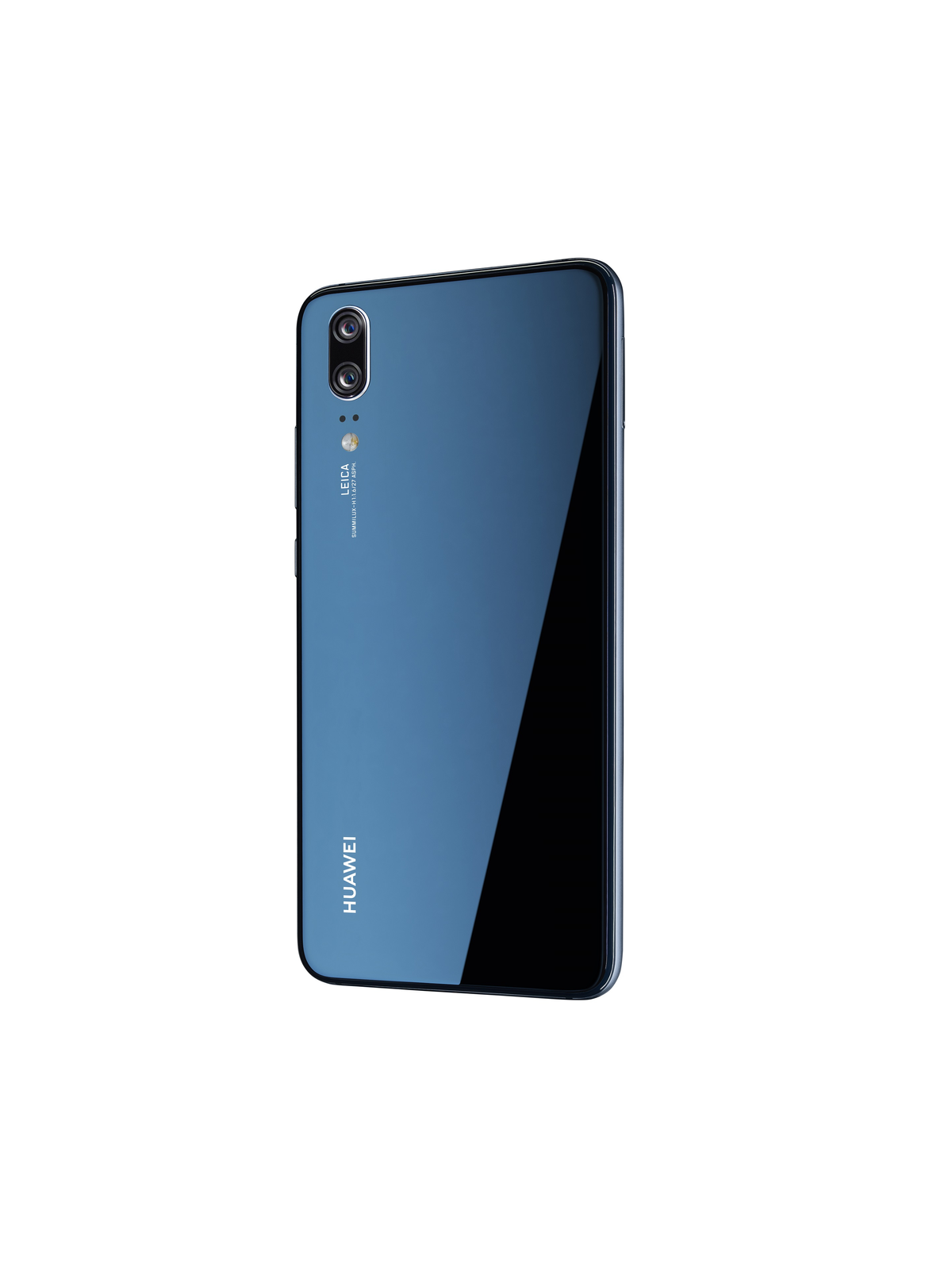 Een blauwe telefoon, met cameralenzen aan de achterkant, wordt weergegeven op een witte achtergrond.