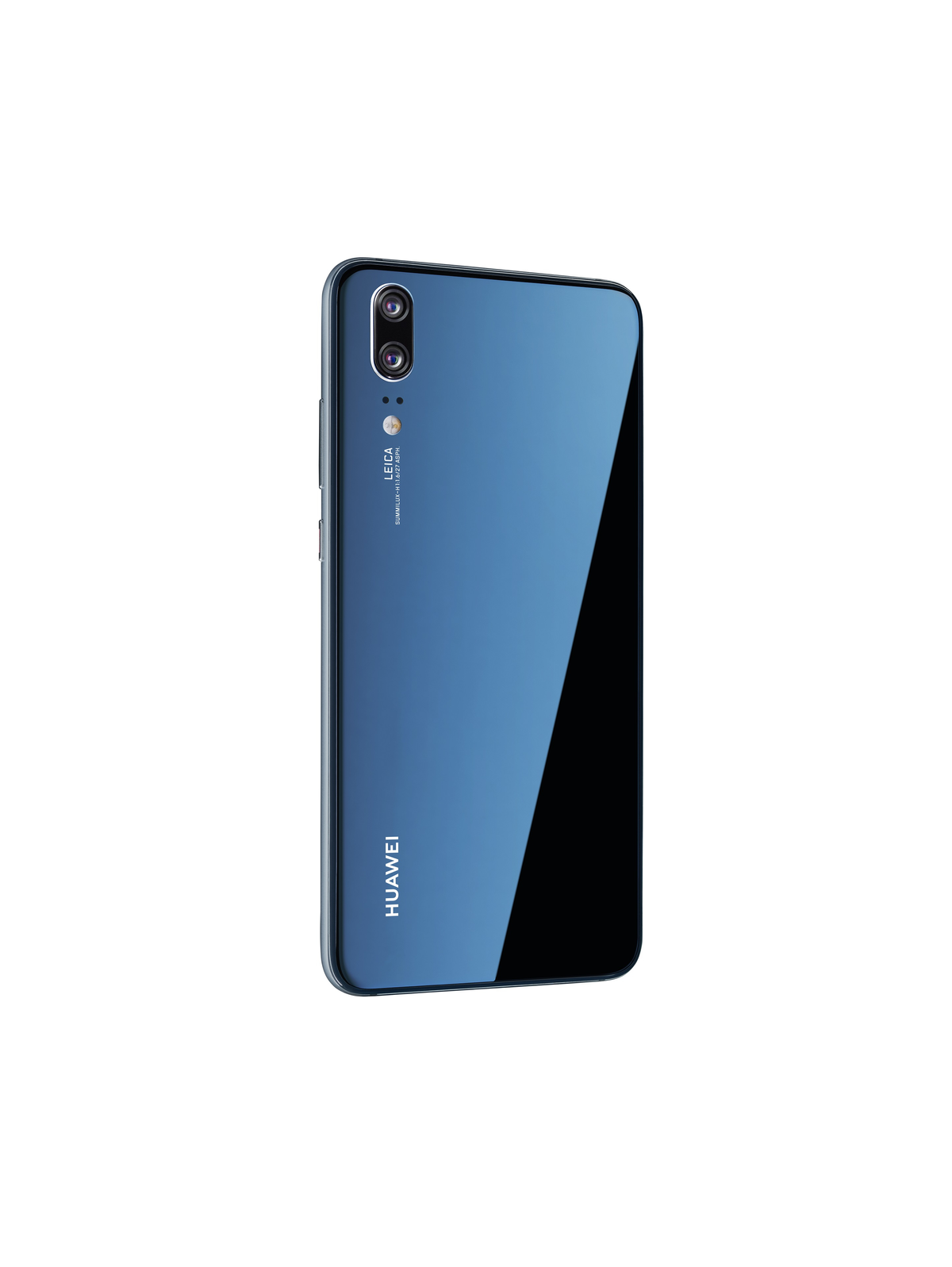 Een blauwe smartphone, achteraanzicht, met twee camera's en het woord Huawei.