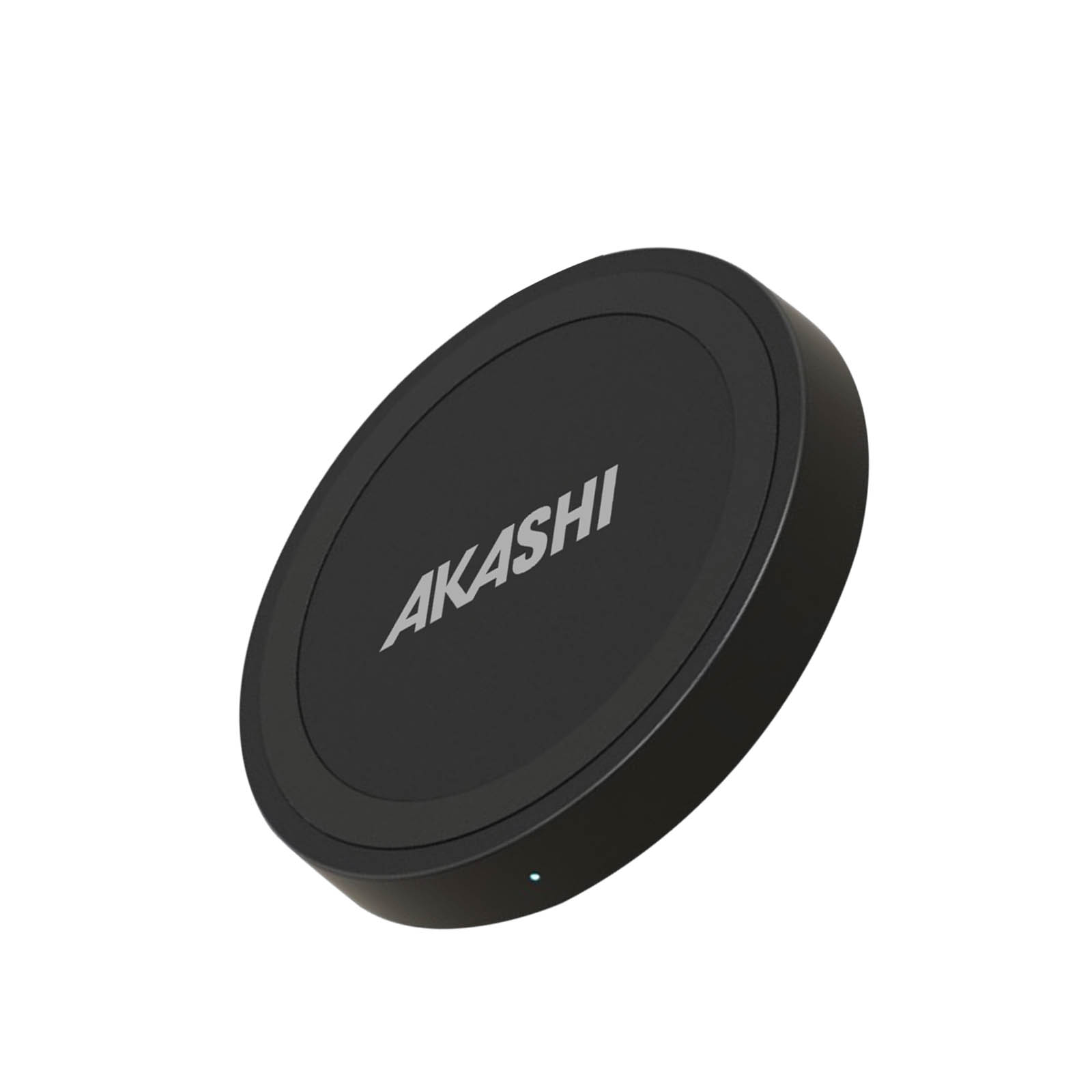 Una base de carga inalámbrica redonda y negra con 'AKASHI' impreso, sobre una superficie blanca.